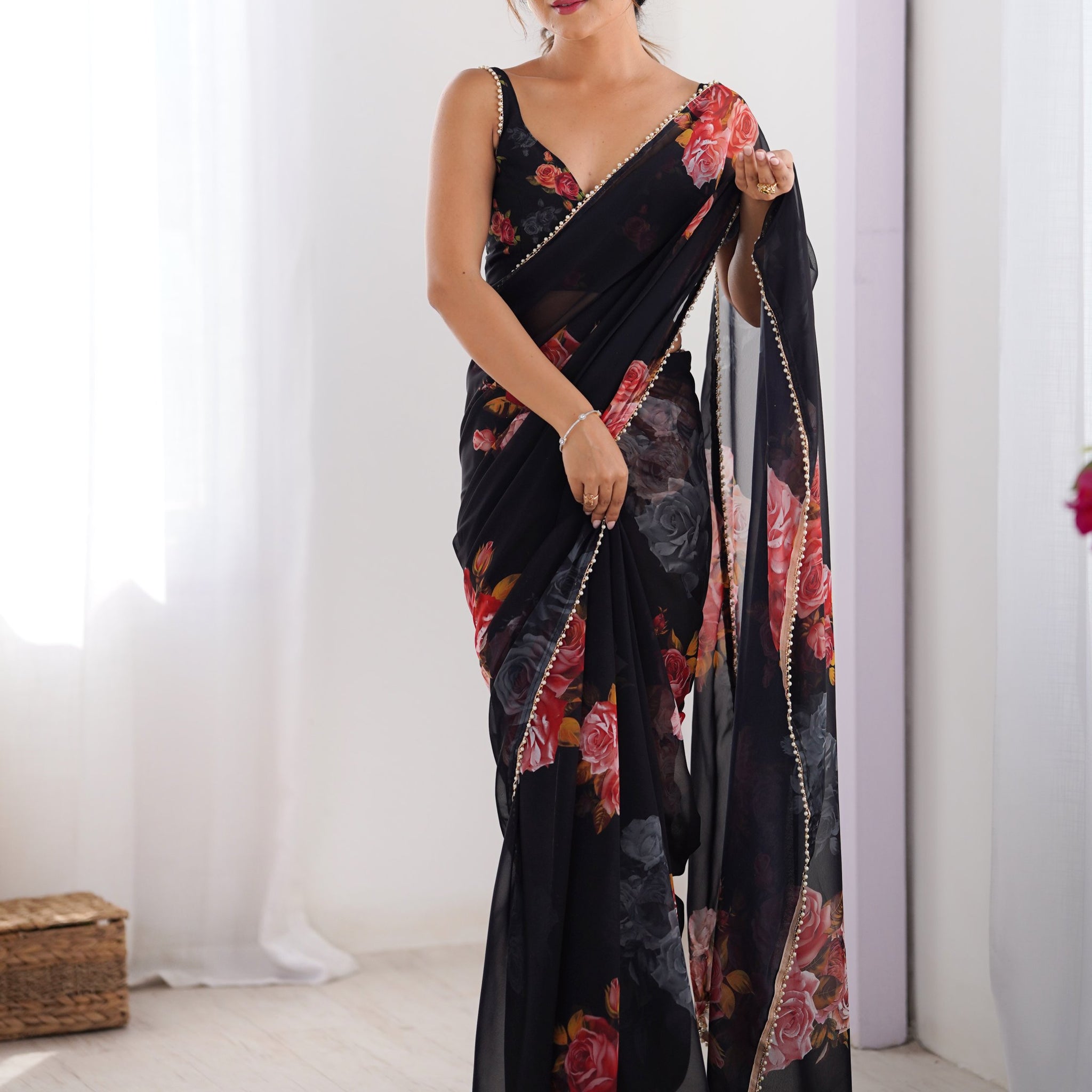 Dazzling Black Floral Printed Georgette Party Wear Saree With Blouse
