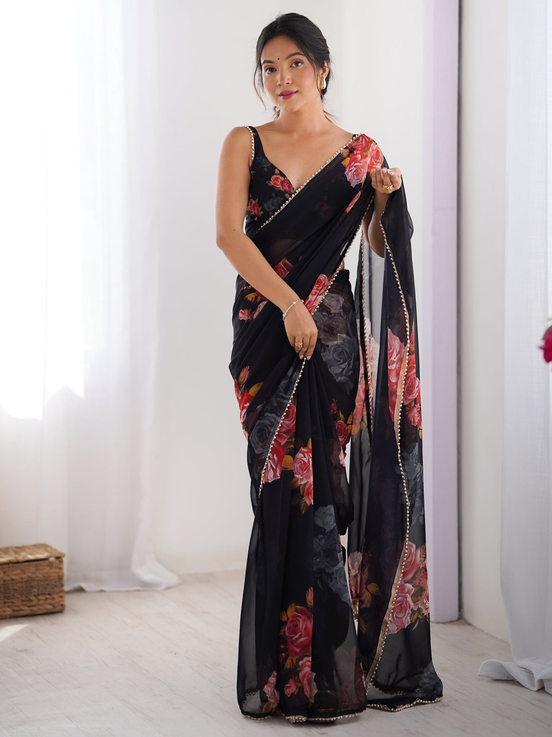 Dazzling Black Floral Printed Georgette Party Wear Saree With Blouse