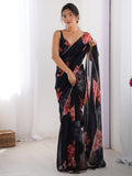 Dazzling Black Floral Printed Georgette Party Wear Saree With Blouse