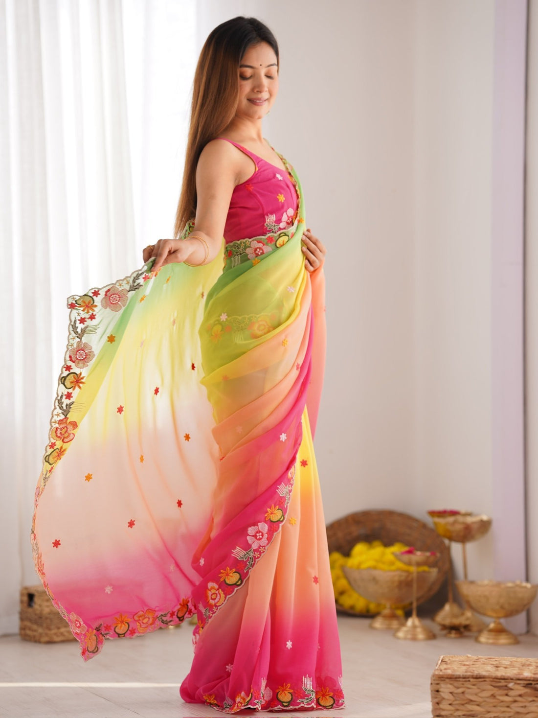 Wonderful Multi-Color Floral Embroidered Georgette Saree With Blouse
