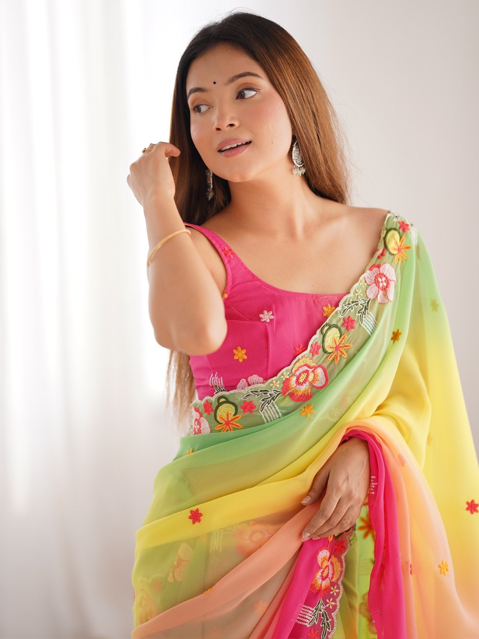 Wonderful Multi-Color Floral Embroidered Georgette Saree With Blouse