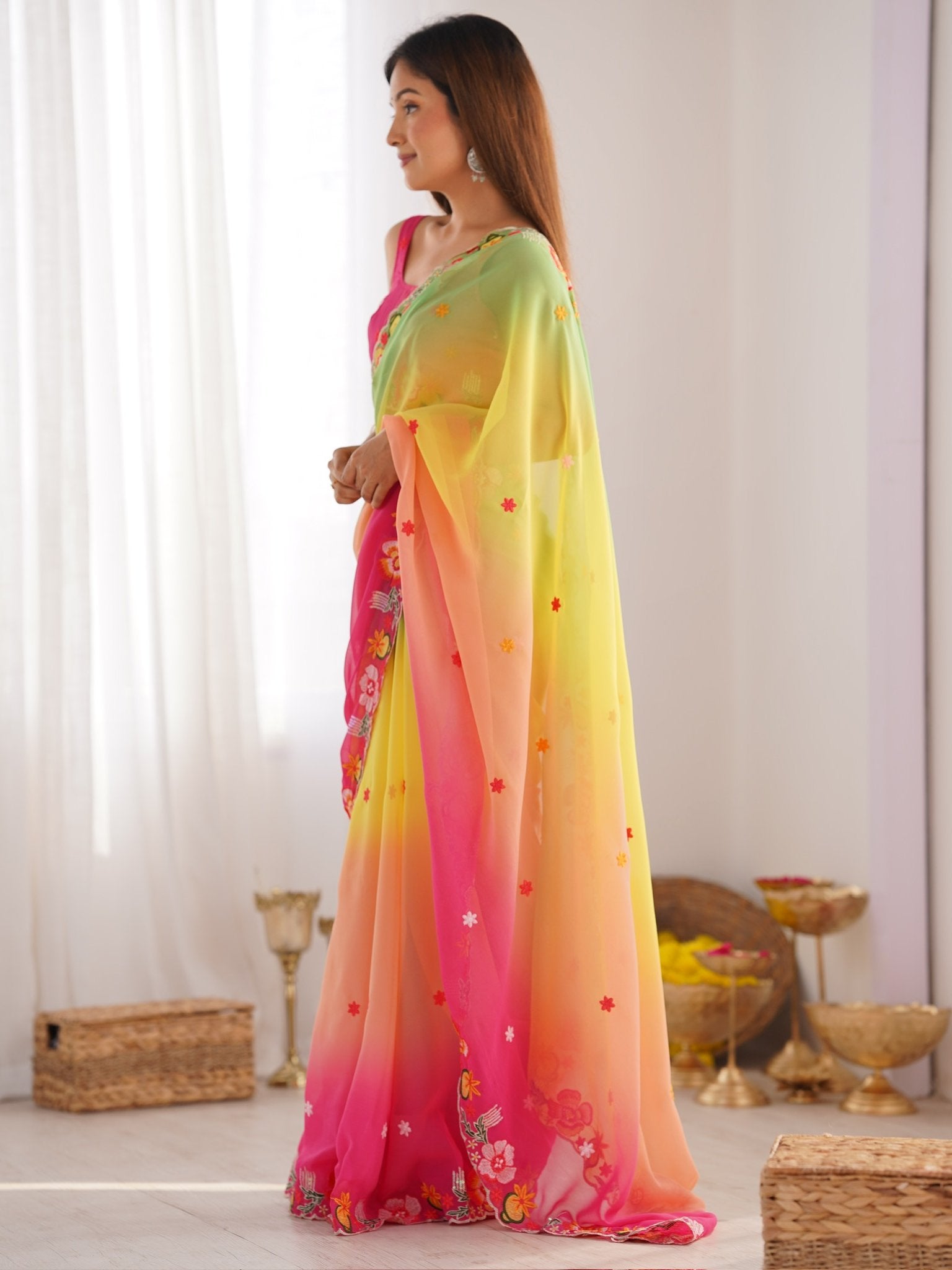 Wonderful Multi-Color Floral Embroidered Georgette Saree With Blouse