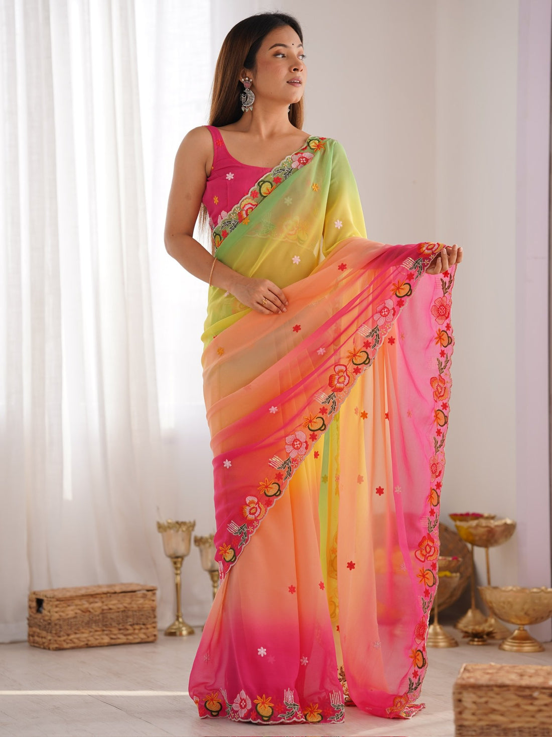 Wonderful Multi-Color Floral Embroidered Georgette Saree With Blouse