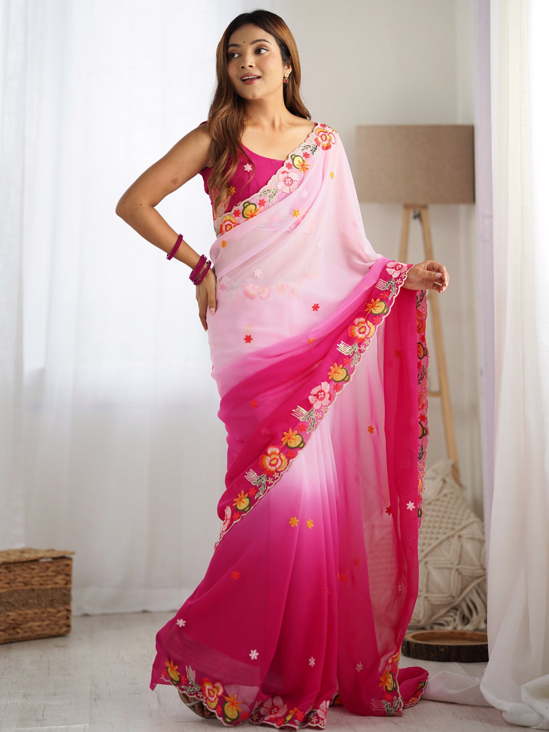 Alluring Pink Thread Embroidered Georgette Saree With Blouse