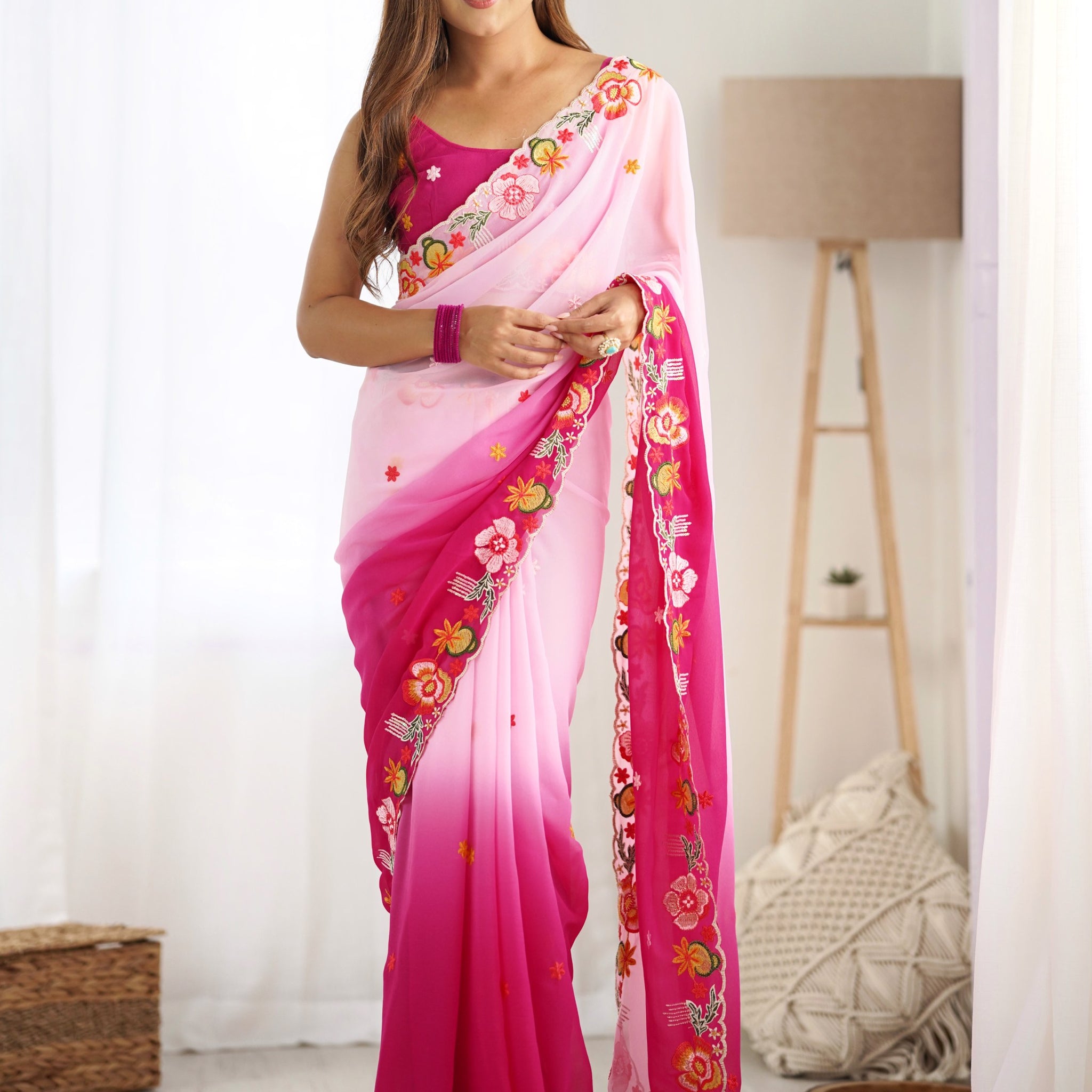 Alluring Pink Thread Embroidered Georgette Saree With Blouse