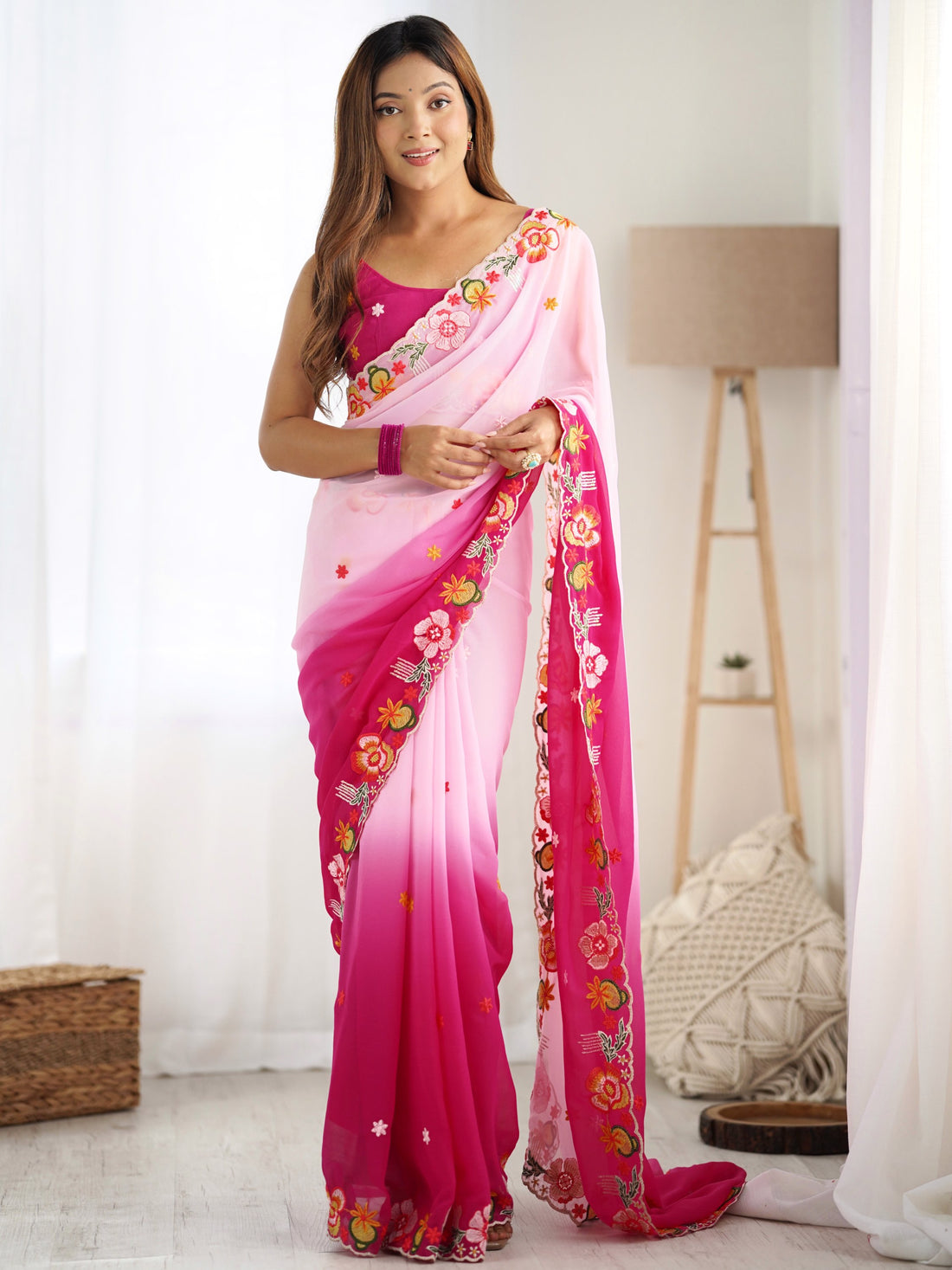 Alluring Pink Thread Embroidered Georgette Saree With Blouse
