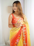 Wonderful Yellow Floral Embroidered Georgette Party Wear Saree