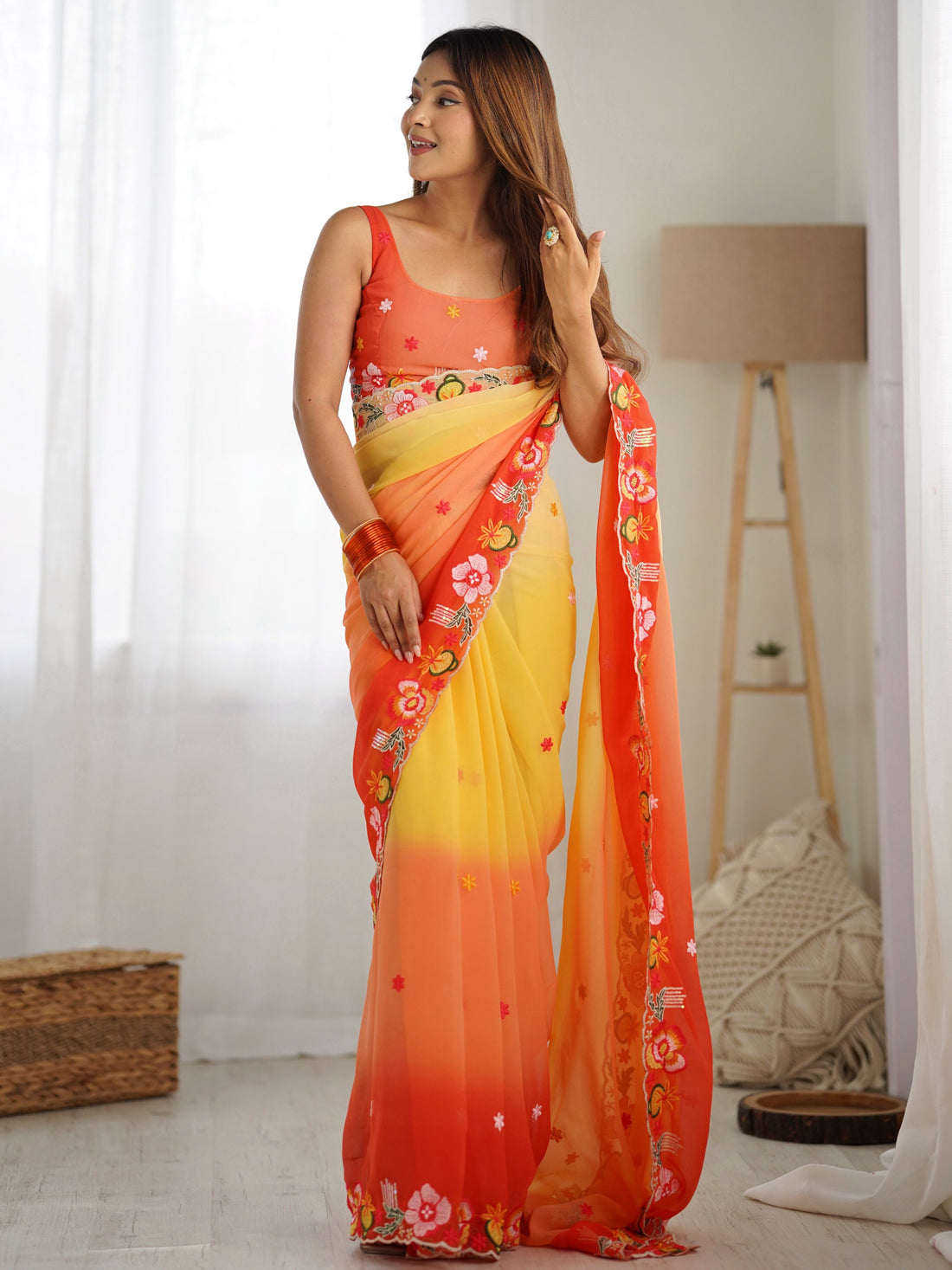 Wonderful Yellow Floral Embroidered Georgette Party Wear Saree