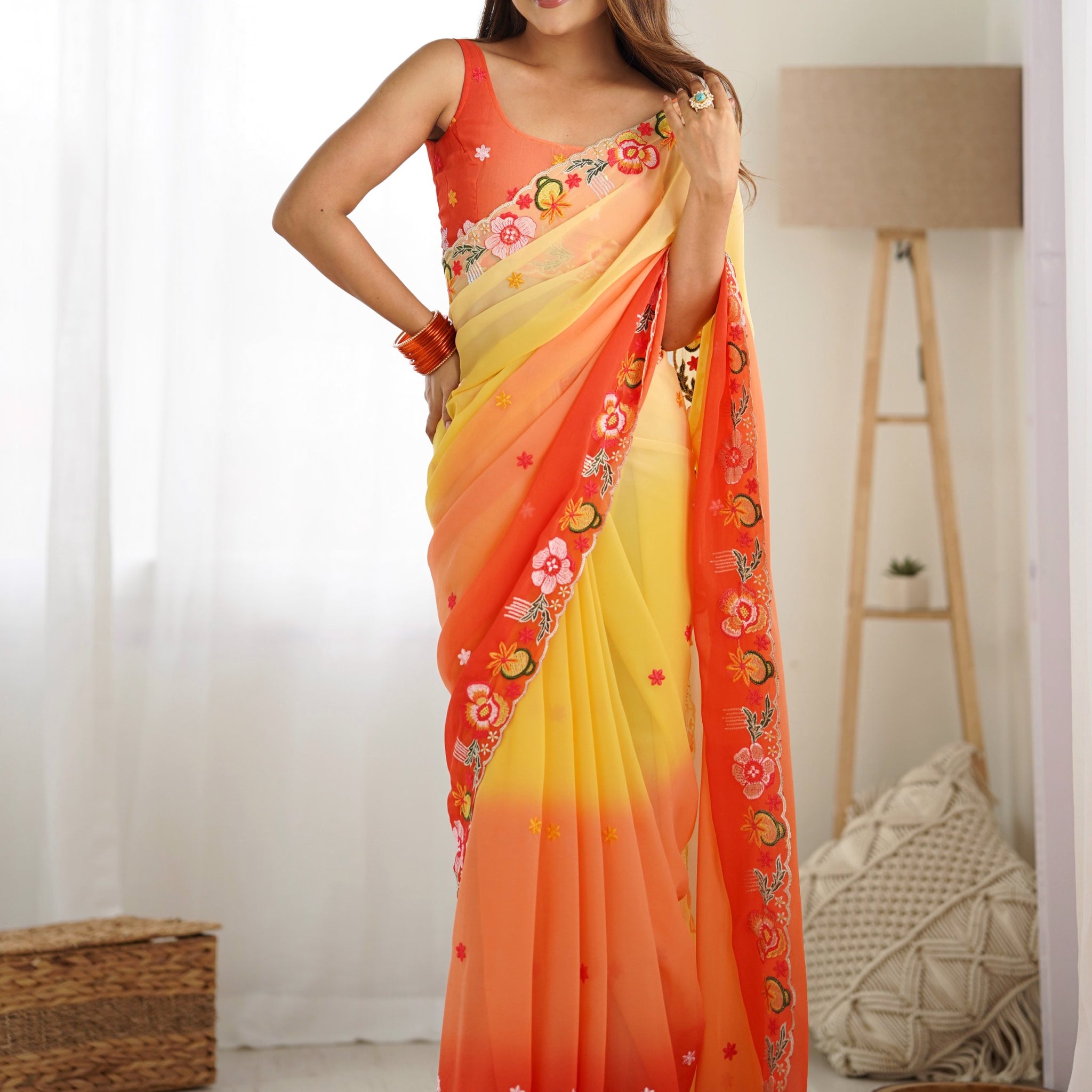 Wonderful Yellow Floral Embroidered Georgette Party Wear Saree