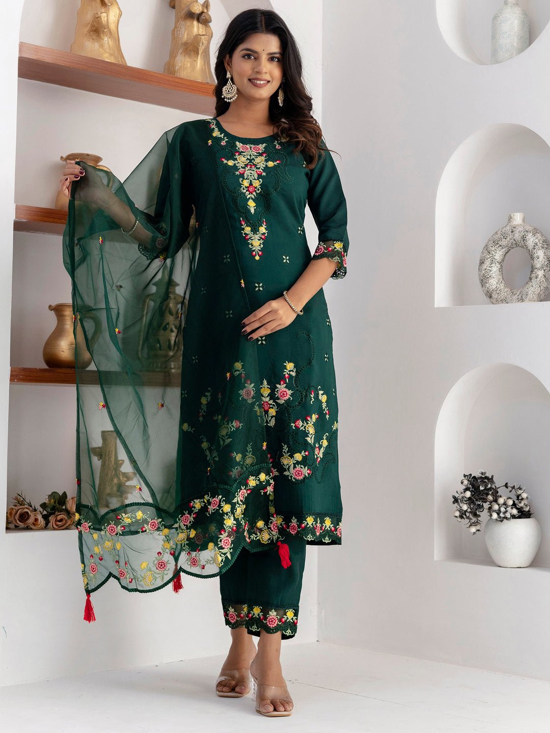 Stunning Bottle Green Thread Work Viscose Silk Casual Wear Pant Suit