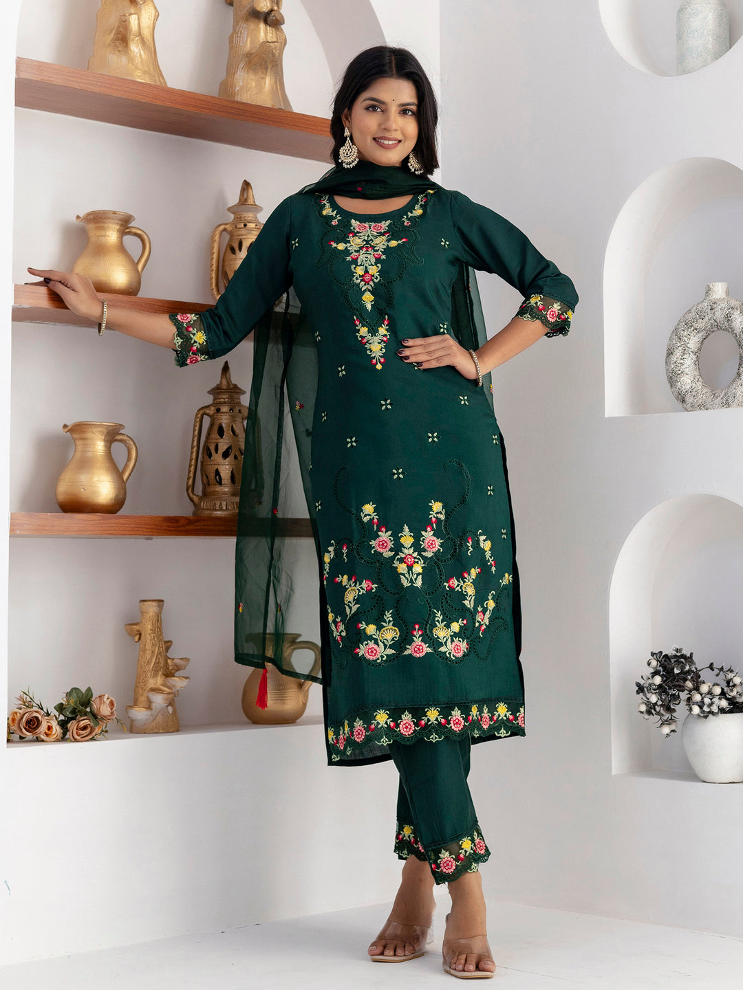Stunning Bottle Green Thread Work Viscose Silk Casual Wear Pant Suit