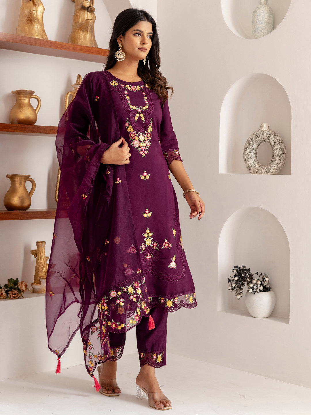 Gorgeous Purple Thread Work Viscose Silk Festive Wear Pant Suit