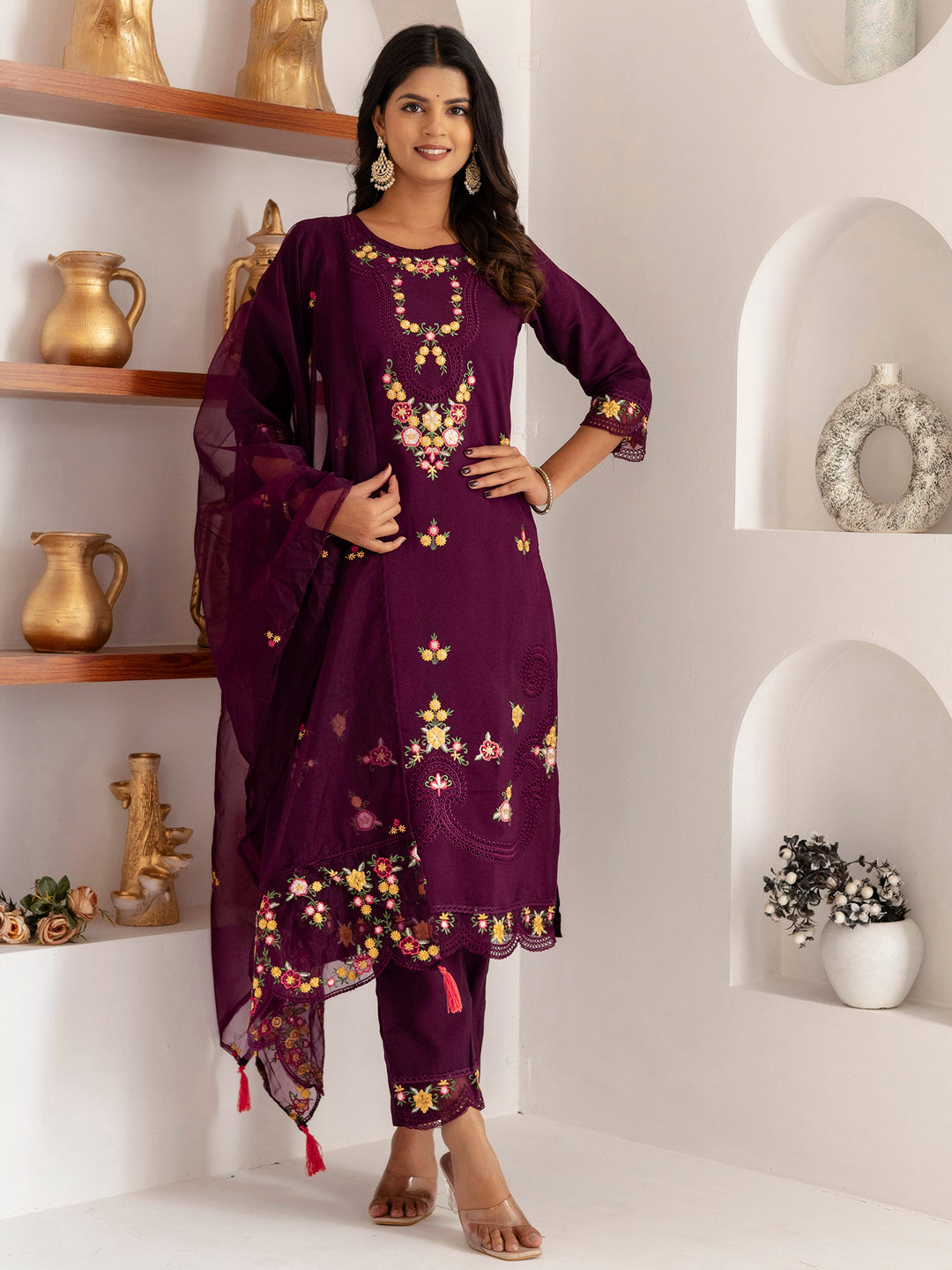 Gorgeous Purple Thread Work Viscose Silk Festive Wear Pant Suit