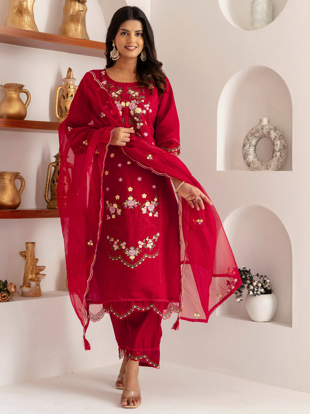 Fascinating Red Thread Work Viscose Silk Traditional Pant Suit With Dupatta