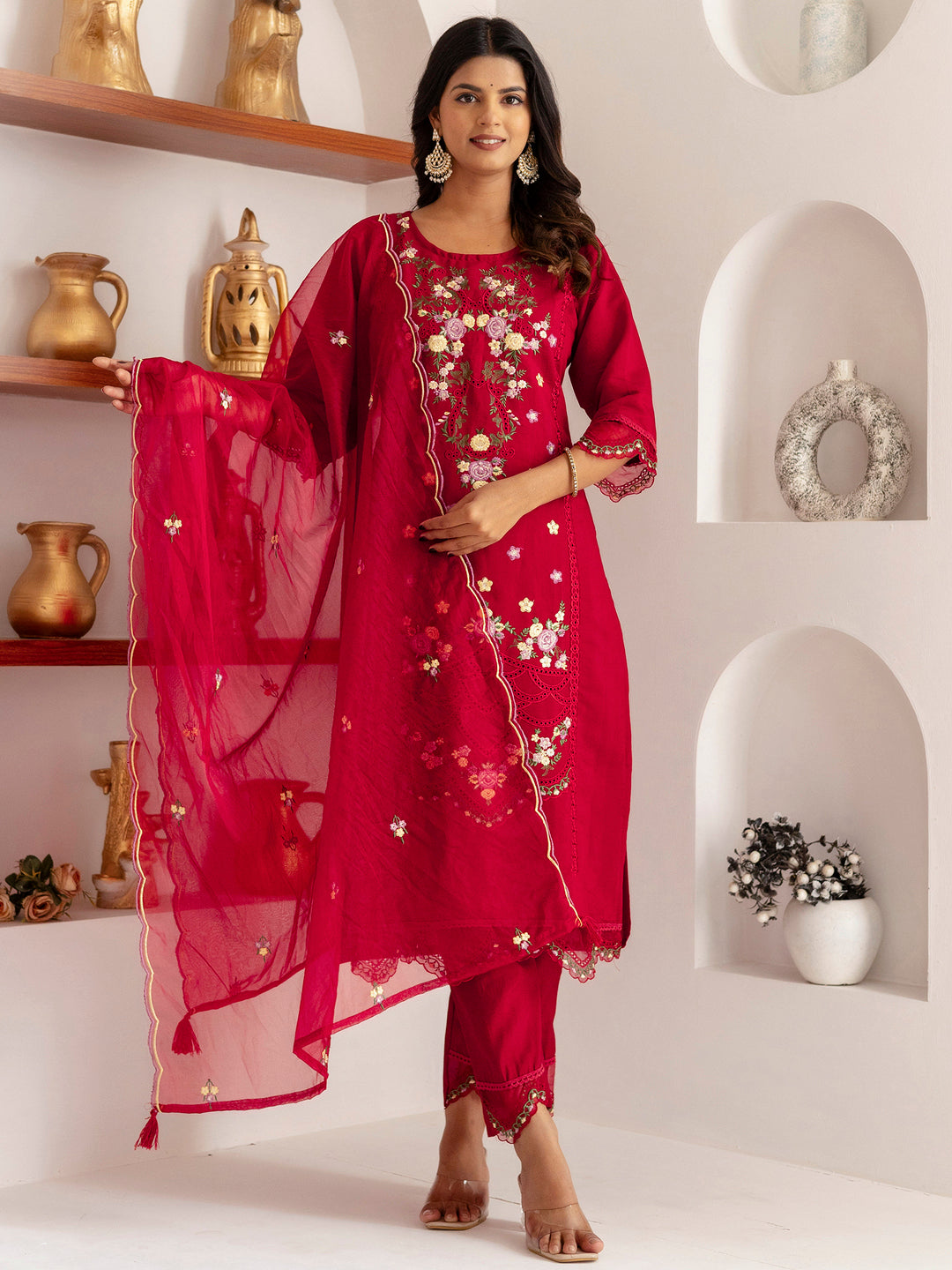 Fascinating Red Thread Work Viscose Silk Traditional Pant Suit With Dupatta