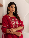 Fascinating Red Thread Work Viscose Silk Traditional Pant Suit With Dupatta