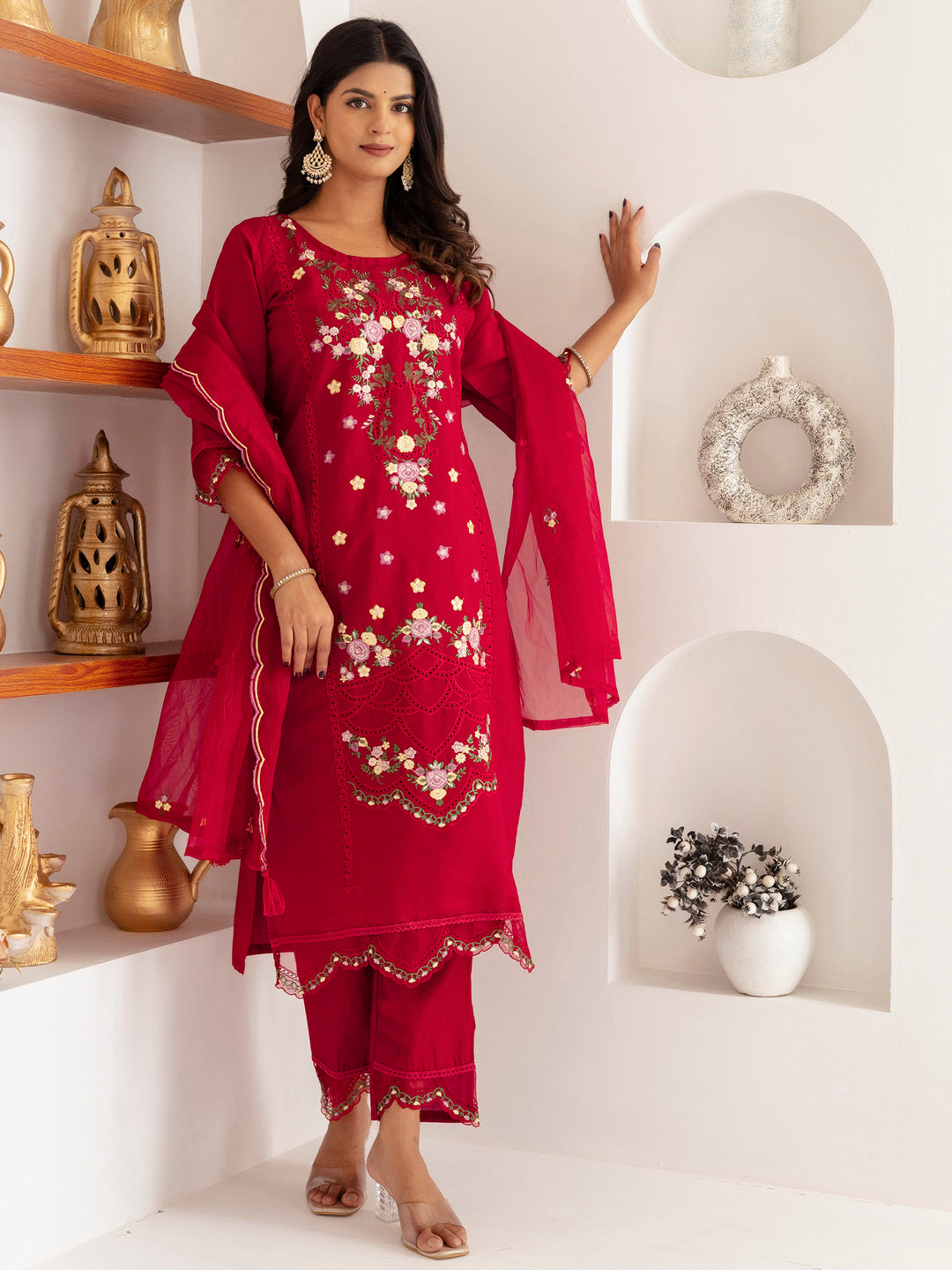 Fascinating Red Thread Work Viscose Silk Traditional Pant Suit With Dupatta