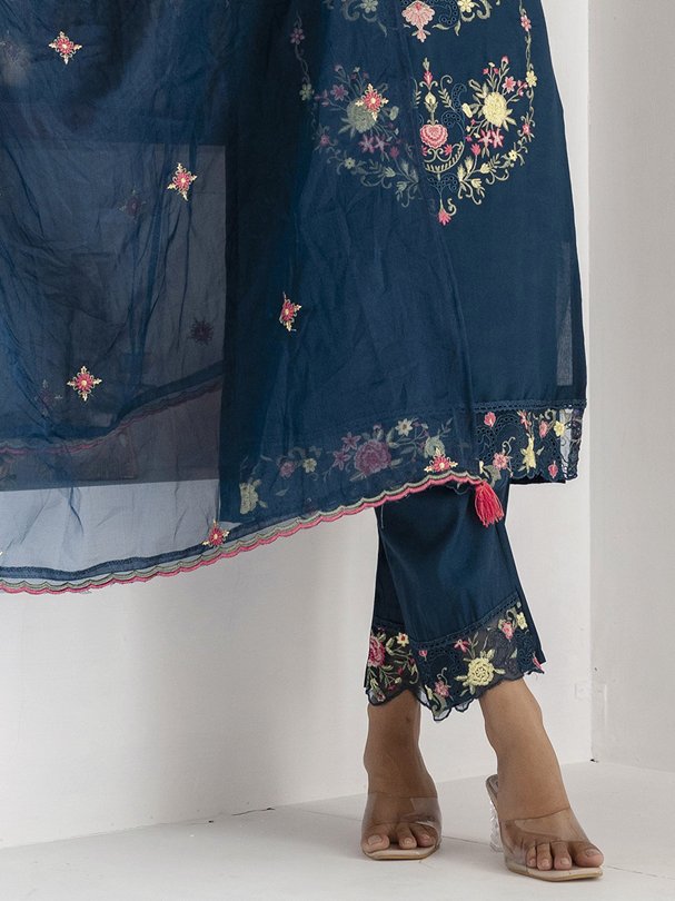 Marvelous Teal Blue Thread Work Viscose Silk Pant Suit With Dupatta