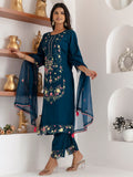Marvelous Teal Blue Thread Work Viscose Silk Pant Suit With Dupatta