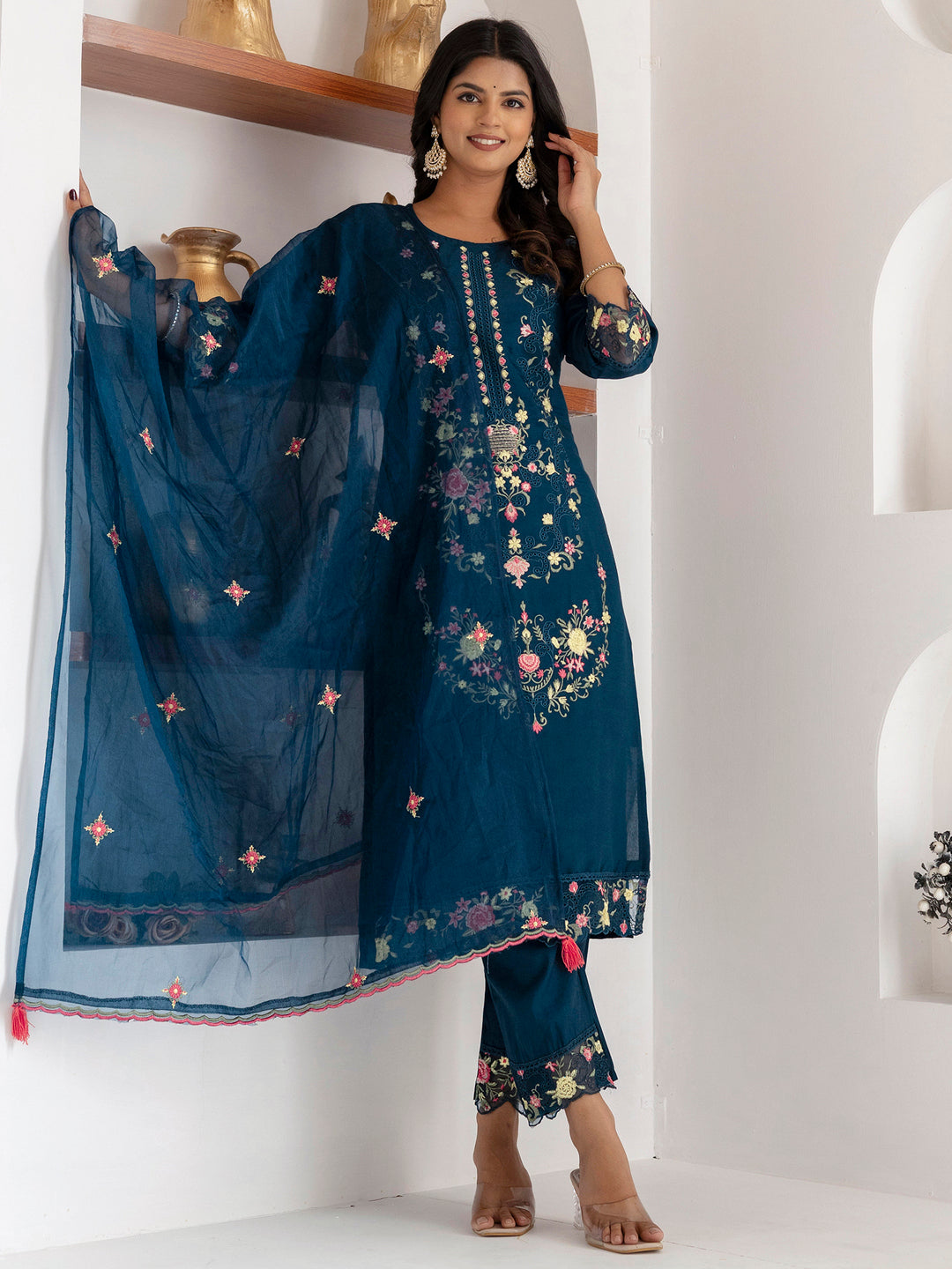 Marvelous Teal Blue Thread Work Viscose Silk Pant Suit With Dupatta