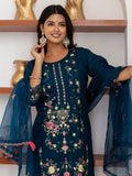 Marvelous Teal Blue Thread Work Viscose Silk Pant Suit With Dupatta