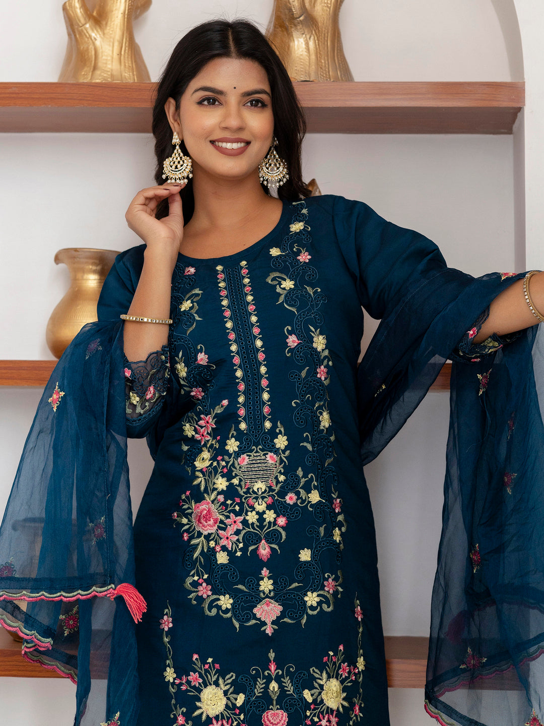Marvelous Teal Blue Thread Work Viscose Silk Pant Suit With Dupatta