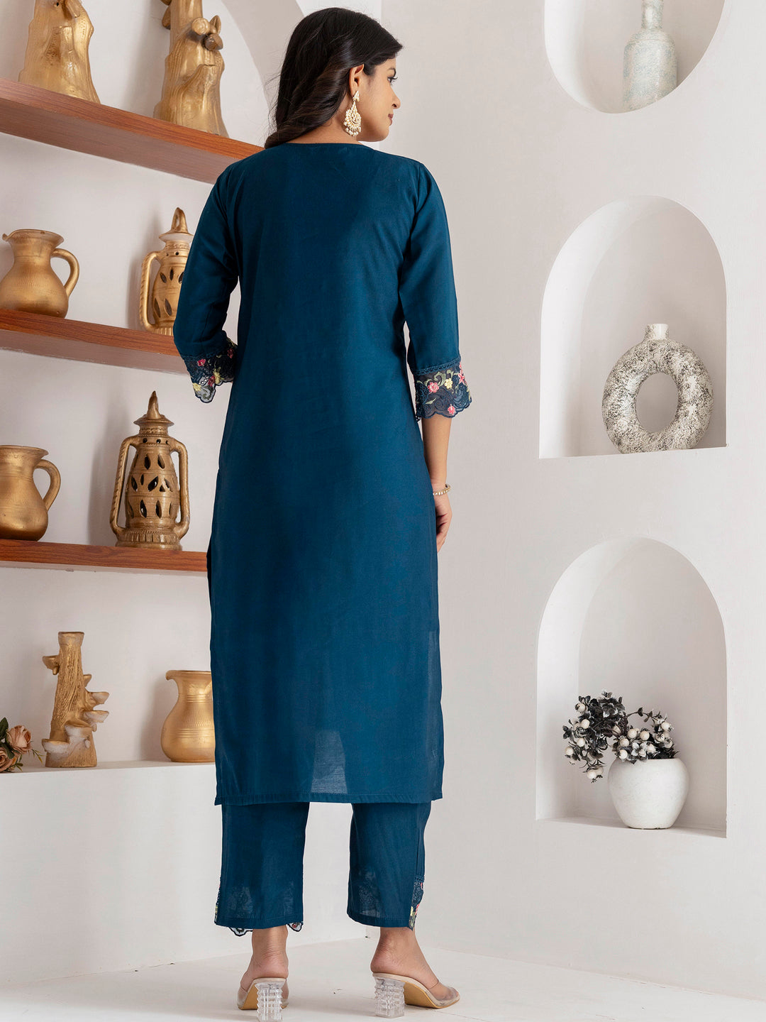 Marvelous Teal Blue Thread Work Viscose Silk Pant Suit With Dupatta