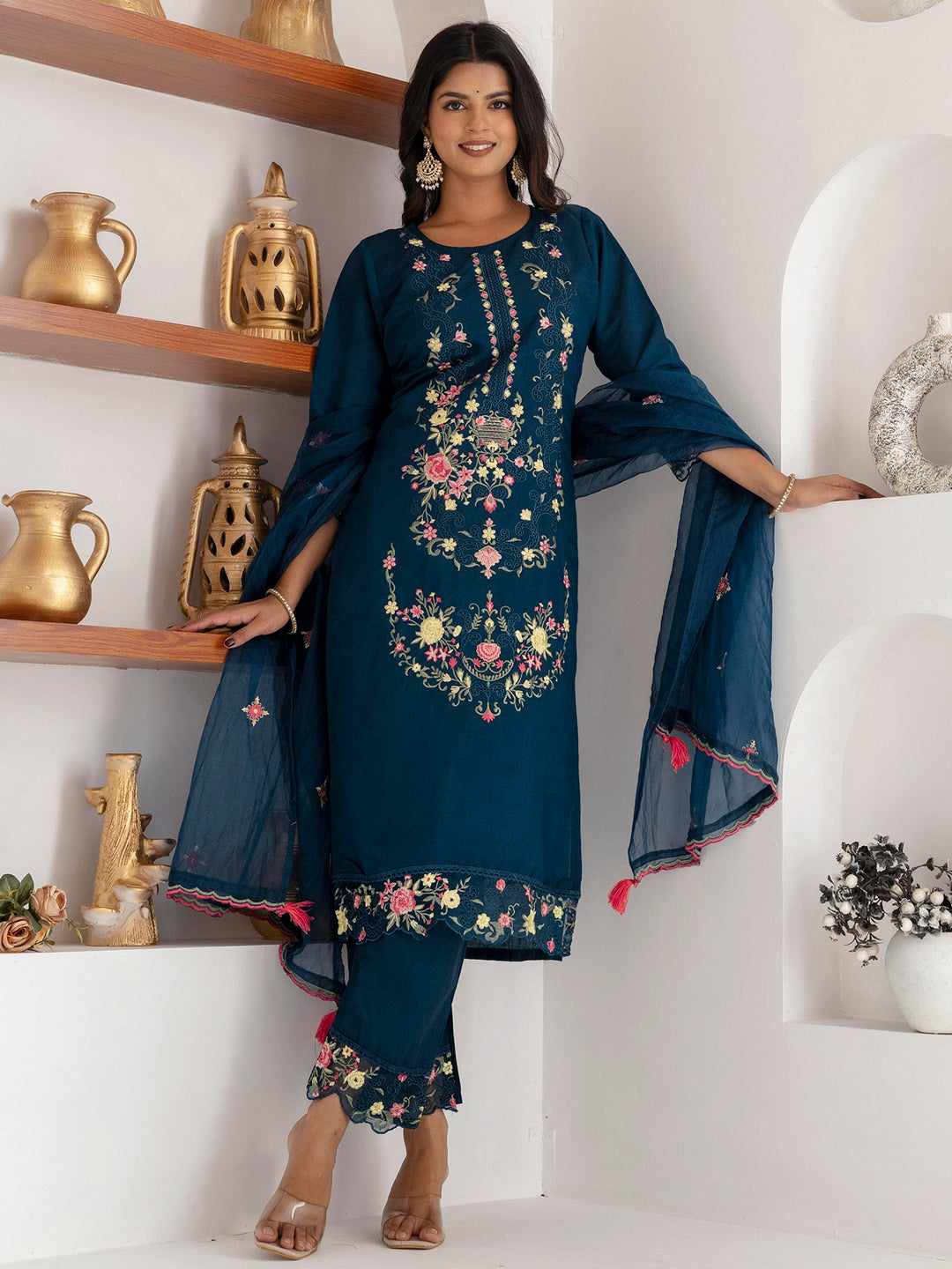 Marvelous Teal Blue Thread Work Viscose Silk Pant Suit With Dupatta