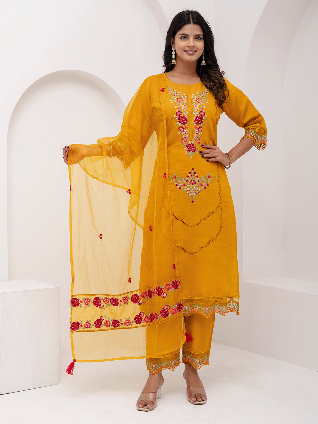 Bewitching Yellow Thread Embroidered Viscose Silk Haldi Wear Pant Suit
