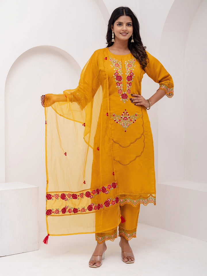 Bewitching Yellow Thread Embroidered Viscose Silk Haldi Wear Pant Suit