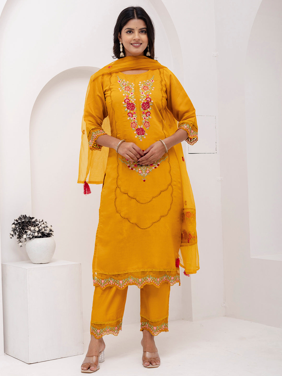 Bewitching Yellow Thread Embroidered Viscose Silk Haldi Wear Pant Suit