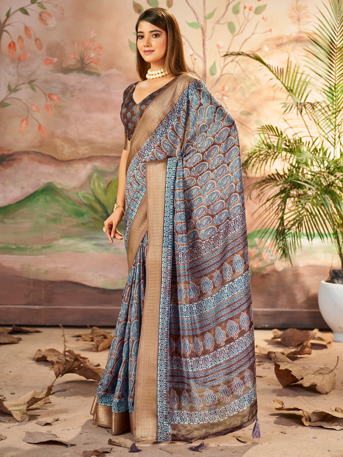 Attractive Brown Printed Dola Silk Casual Wear Saree With Blouse