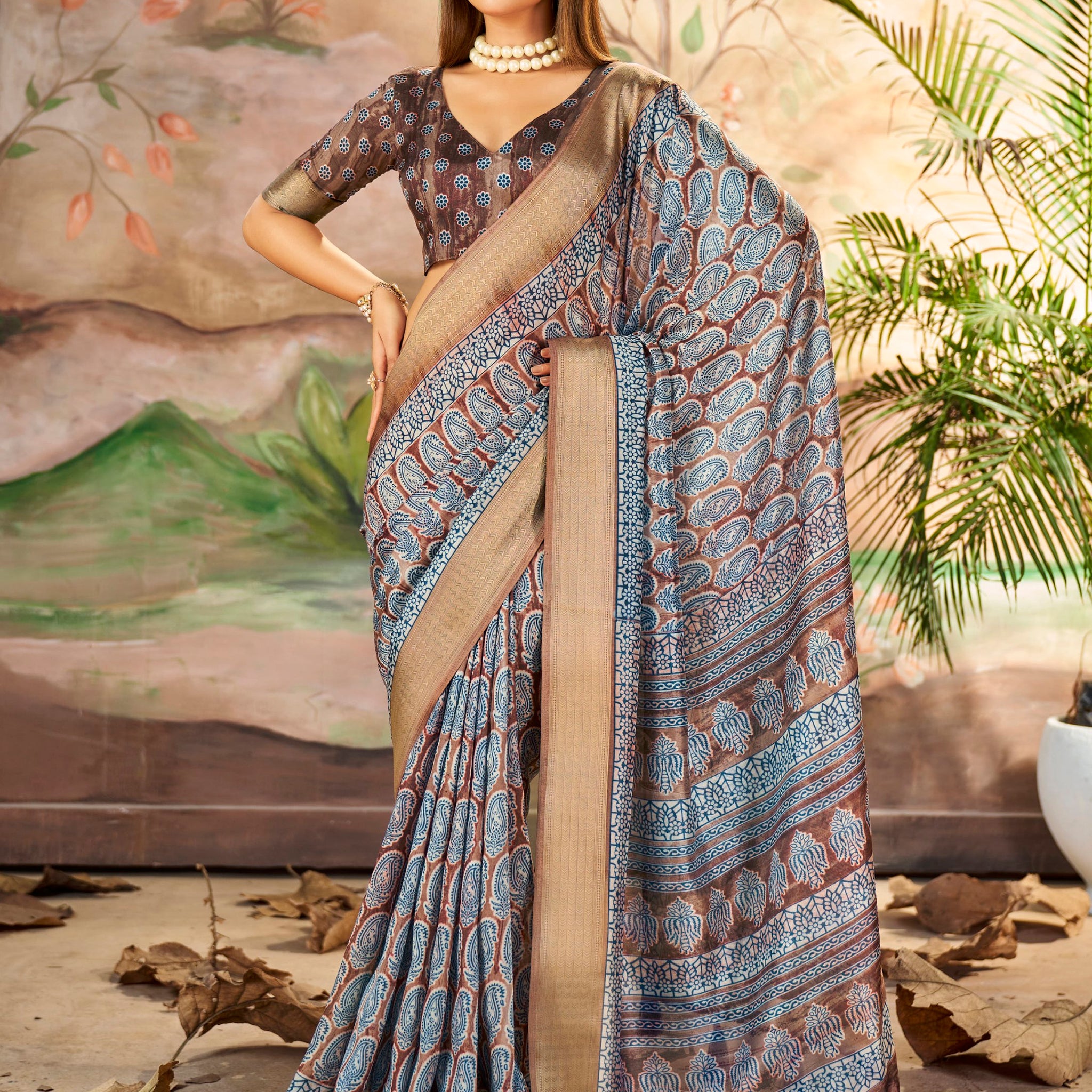 Attractive Brown Printed Dola Silk Casual Wear Saree With Blouse