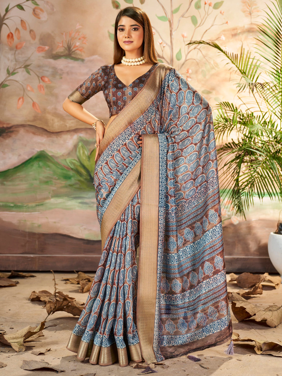 Attractive Brown Printed Dola Silk Casual Wear Saree With Blouse