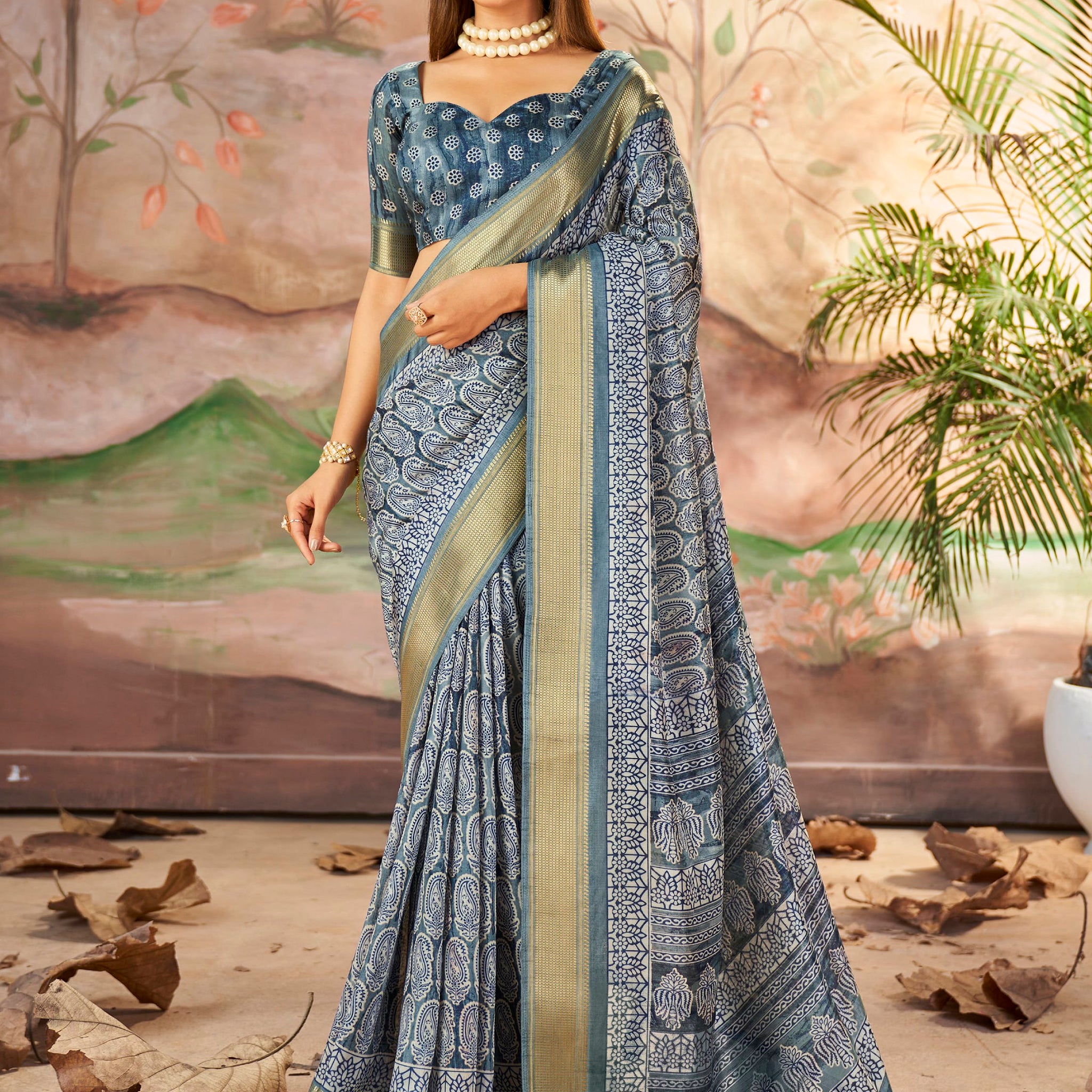 Alluring Slate Grey Digital Printed Dola Silk Office Wear Saree With Blouse