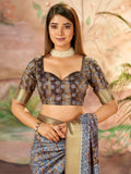 Beautiful Dull Brown Digital Printed Dola Silk Saree With Blouse