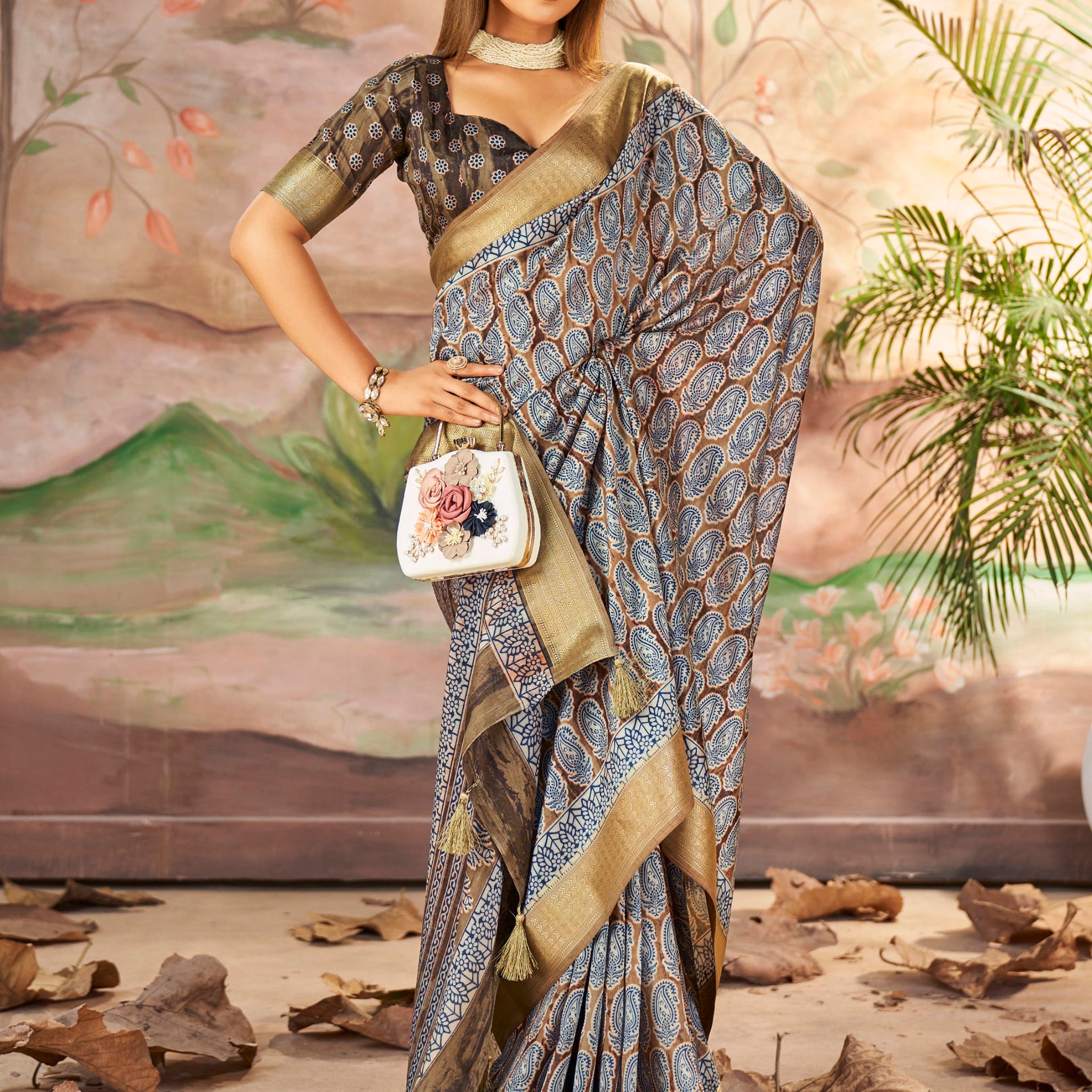 Beautiful Dull Brown Digital Printed Dola Silk Saree With Blouse