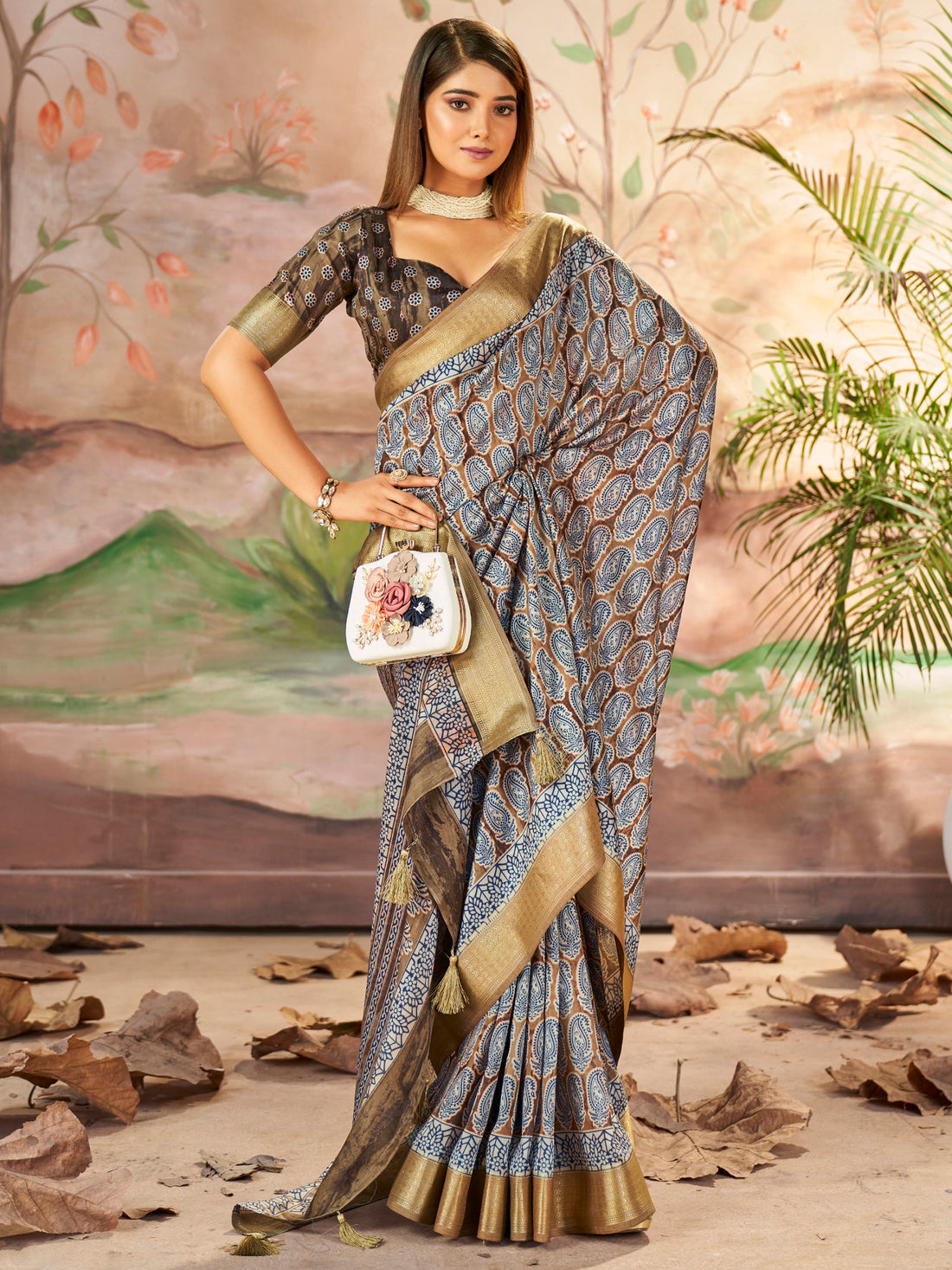 Beautiful Dull Brown Digital Printed Dola Silk Saree With Blouse