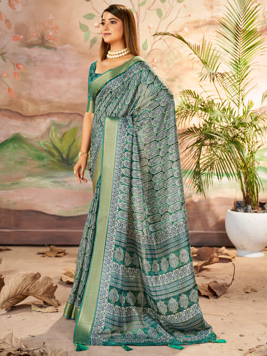 Incredible Mineral Green Printed Dola Silk Festive Wear Saree With Blouse