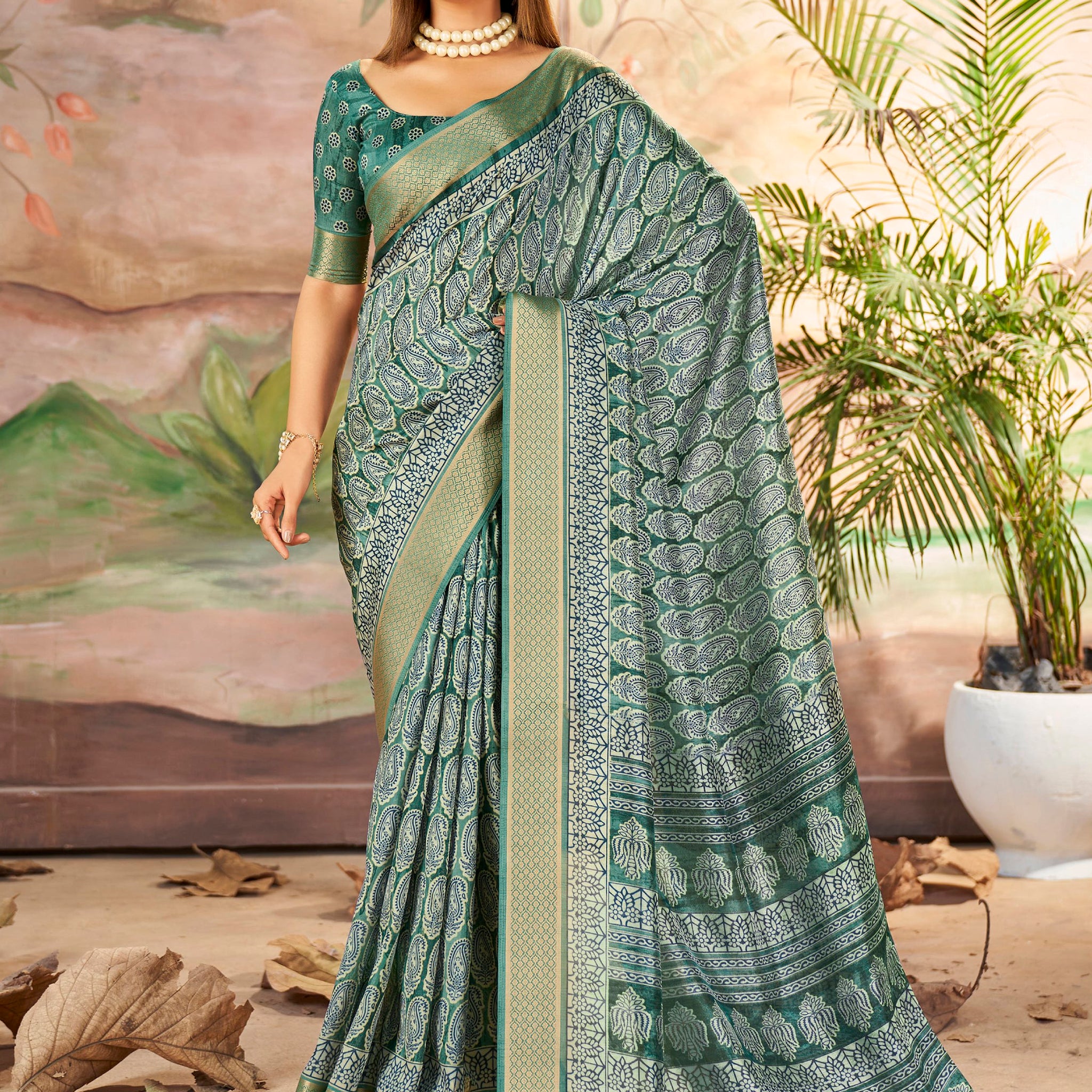 Incredible Mineral Green Printed Dola Silk Festive Wear Saree With Blouse
