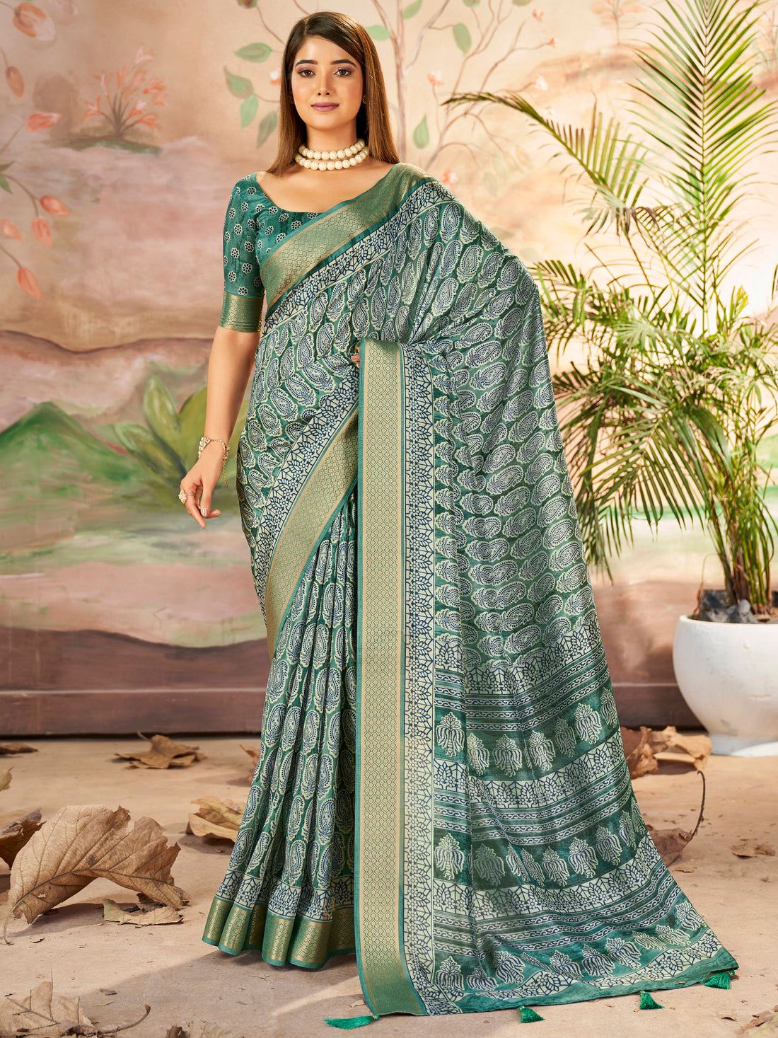 Incredible Mineral Green Printed Dola Silk Festive Wear Saree With Blouse