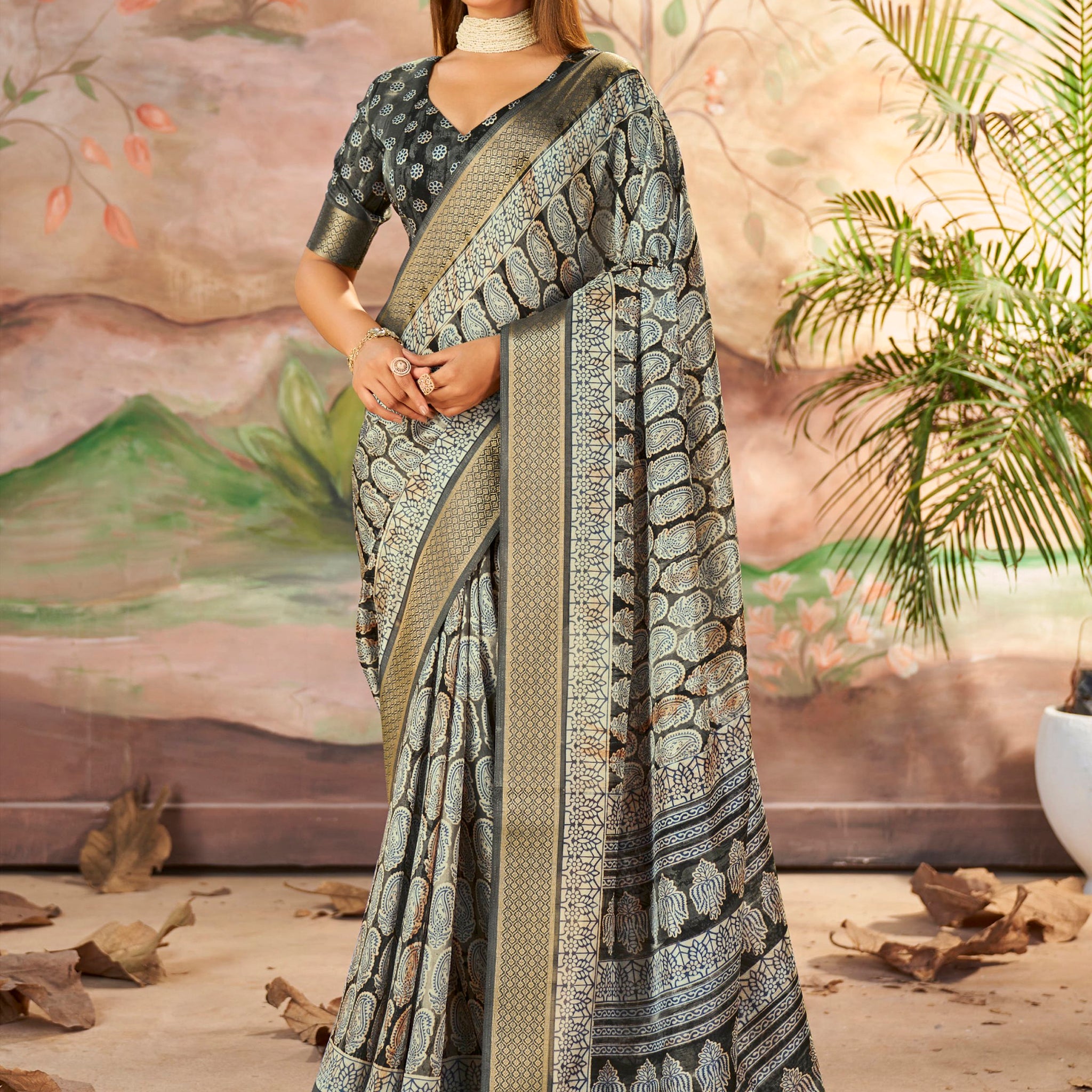 Wonderful Carbon Grey Digital Printed Dola Silk Daily Wear Saree With Blouse