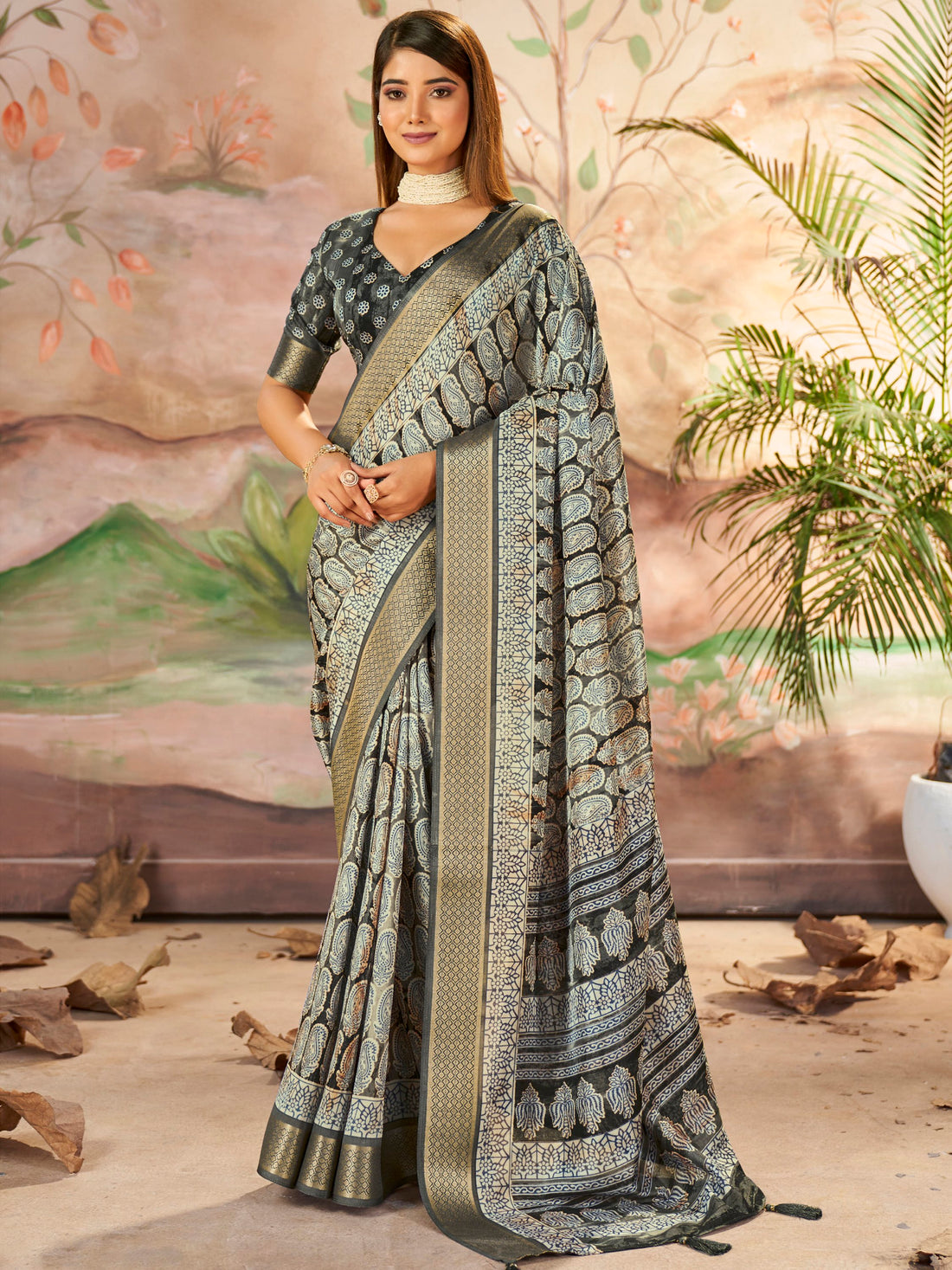 Wonderful Carbon Grey Digital Printed Dola Silk Daily Wear Saree With Blouse