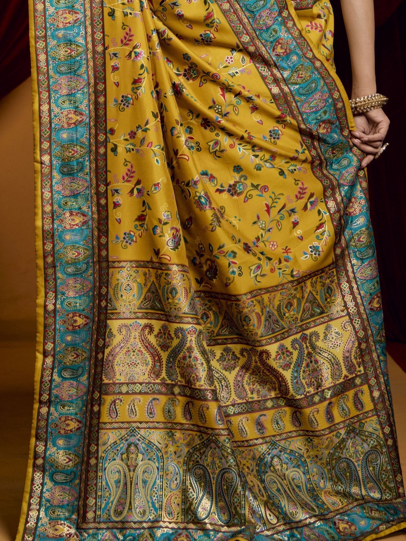 Stunning Mustard Yellow Digital Printed Tussar Silk Casual Wear Saree