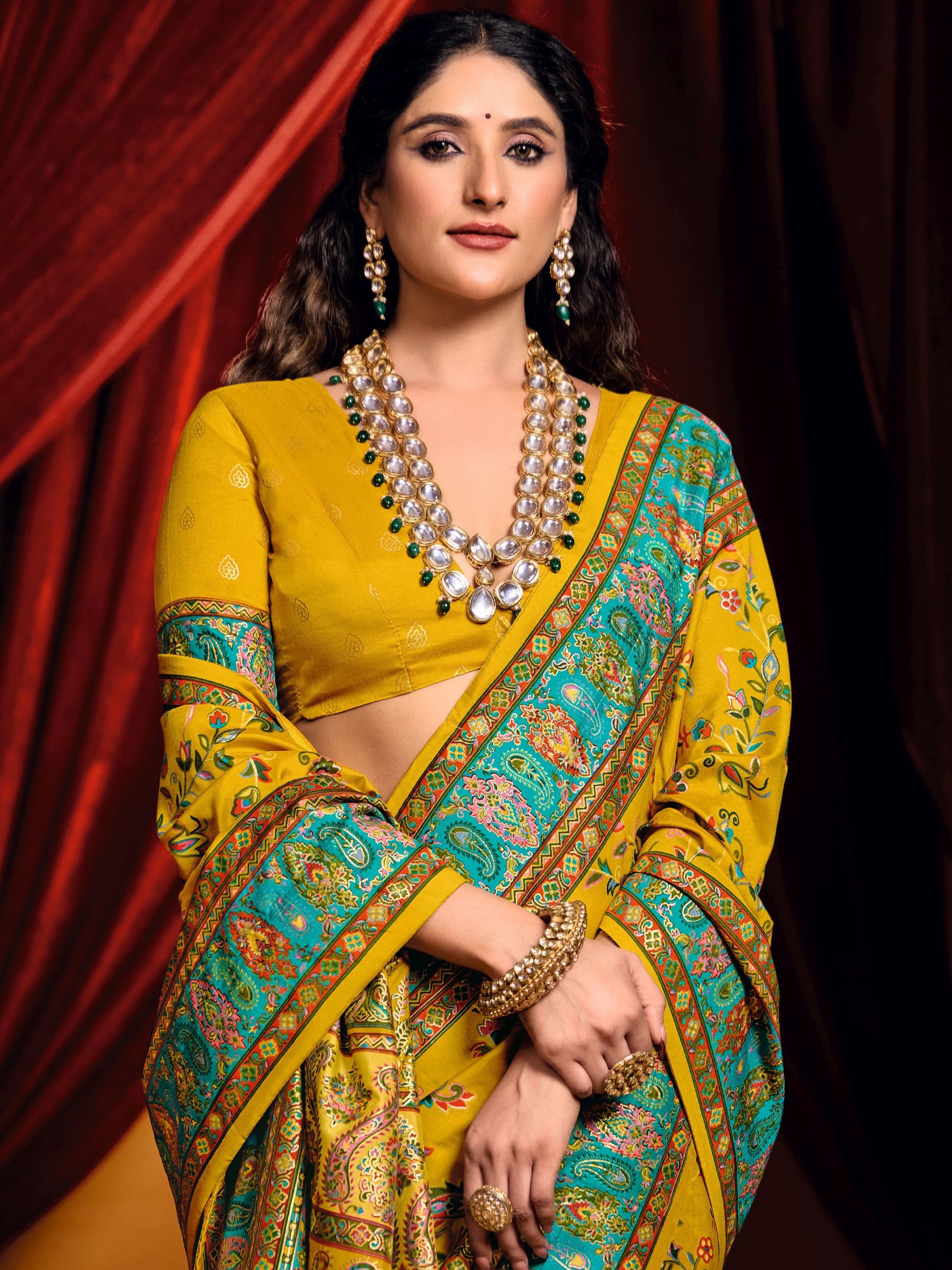 Stunning Mustard Yellow Digital Printed Tussar Silk Casual Wear Saree