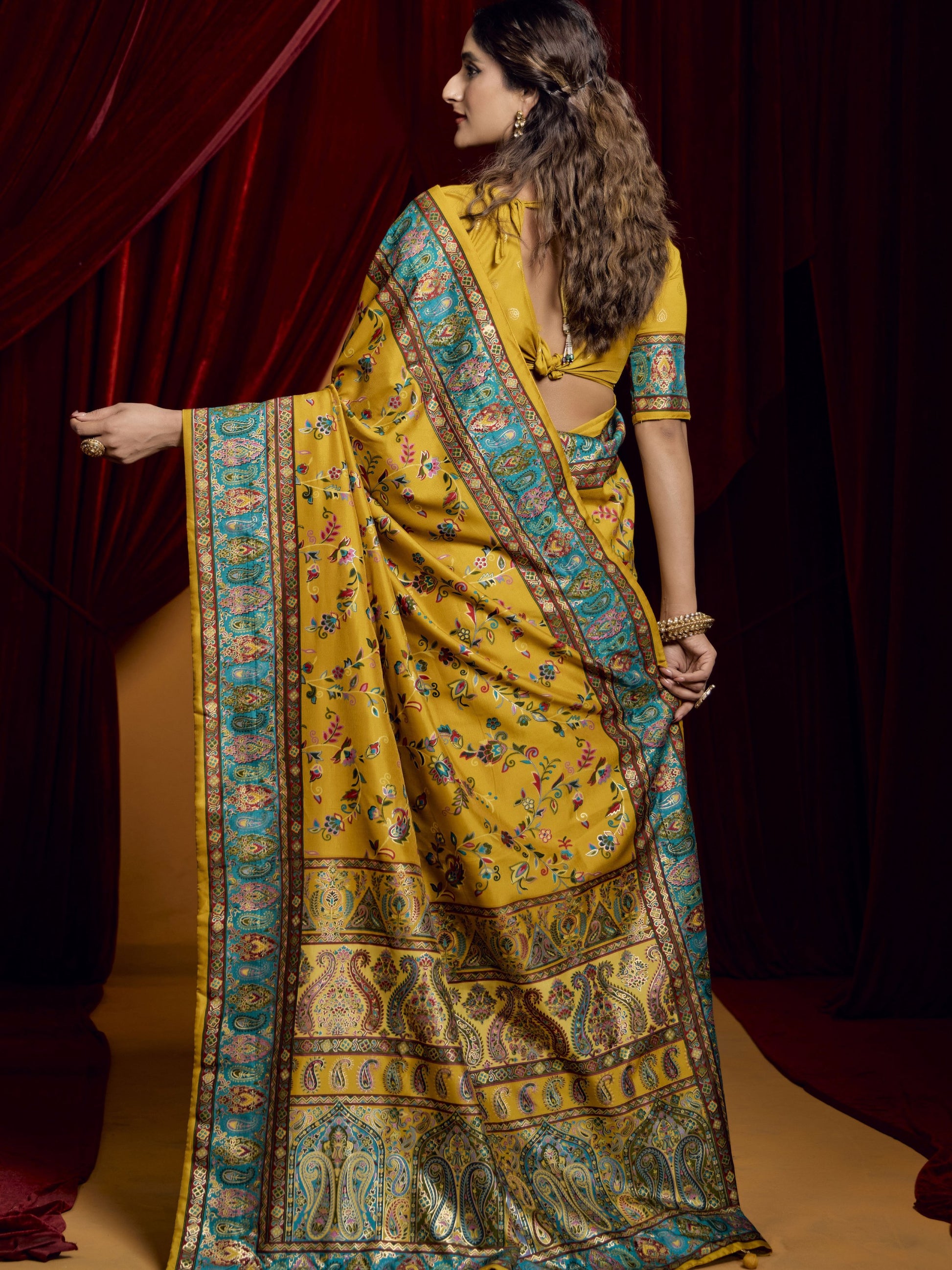 Stunning Mustard Yellow Digital Printed Tussar Silk Casual Wear Saree