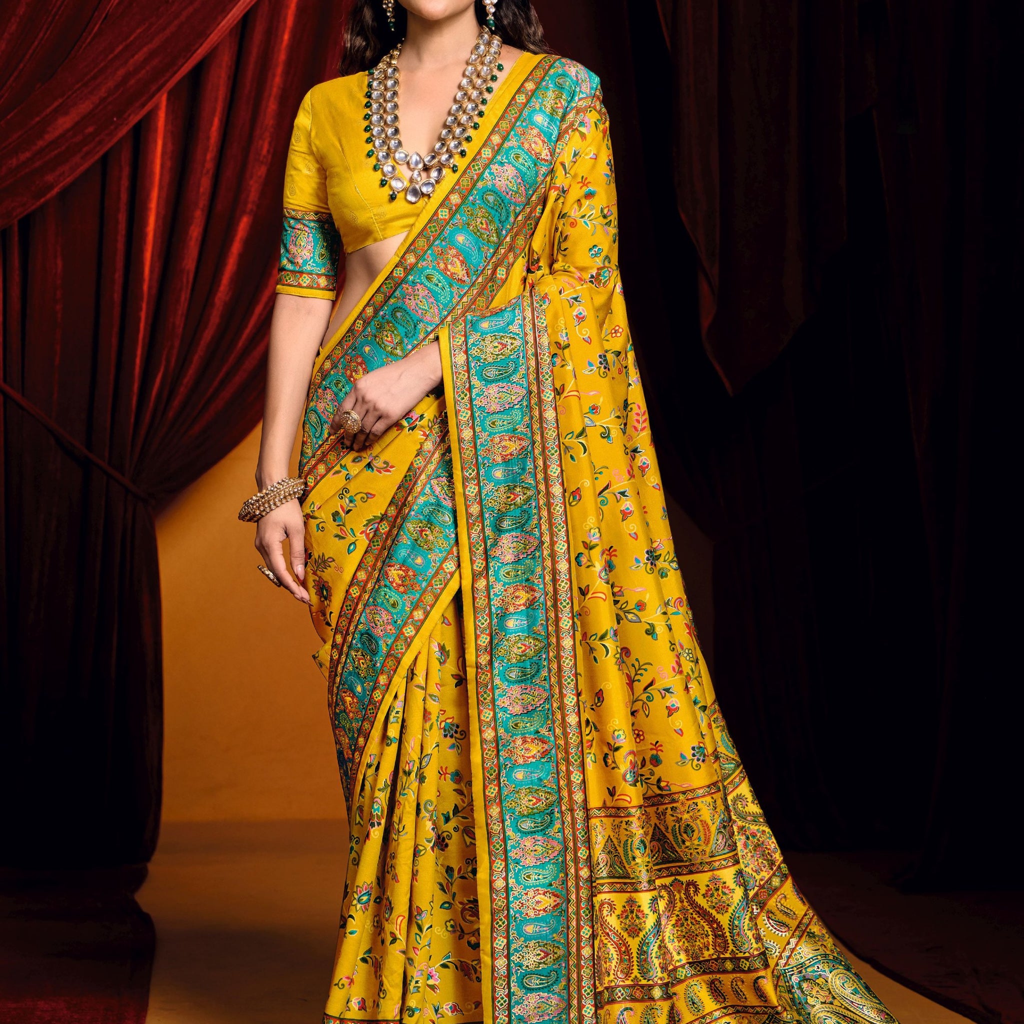 Stunning Mustard Yellow Digital Printed Tussar Silk Casual Wear Saree