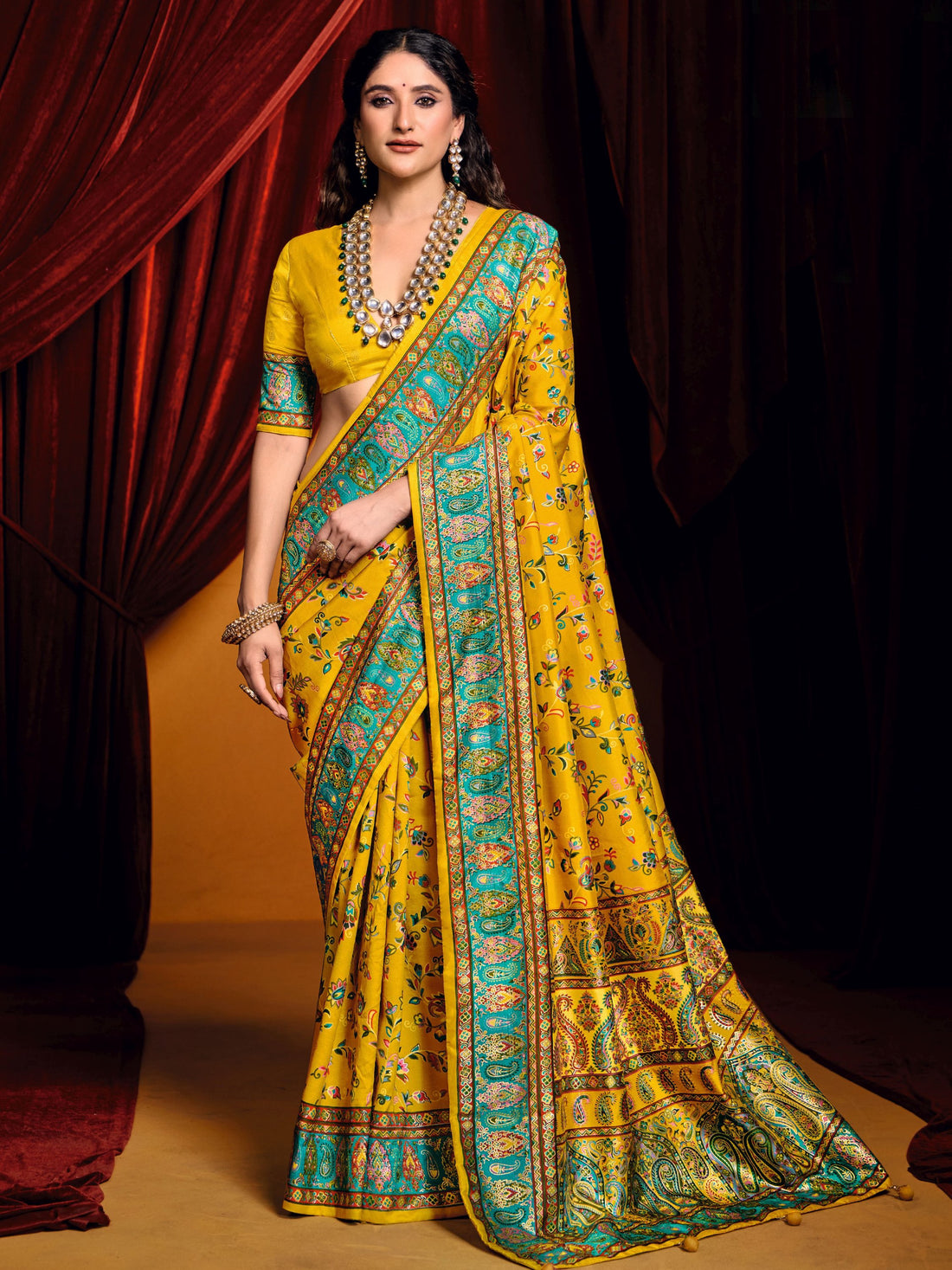 Stunning Mustard Yellow Digital Printed Tussar Silk Casual Wear Saree