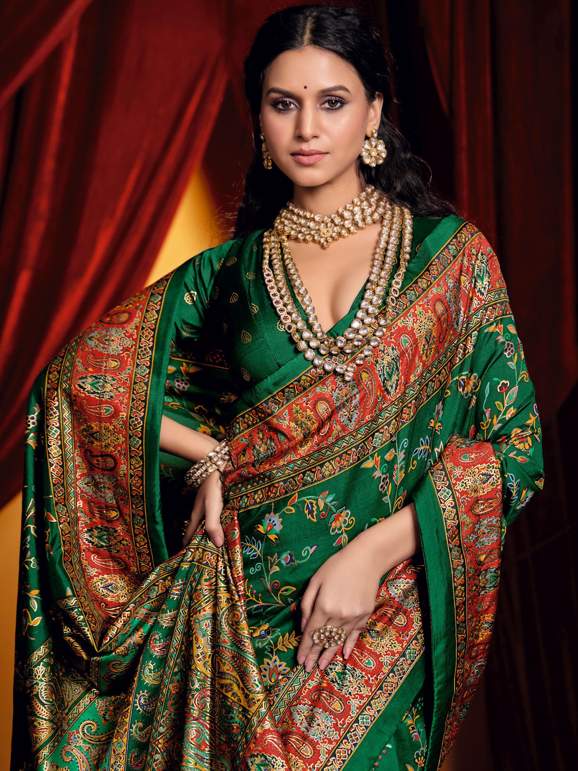 Alluring Bottle Green Paisley Printed Tussar Silk Mehendi Wear Saree