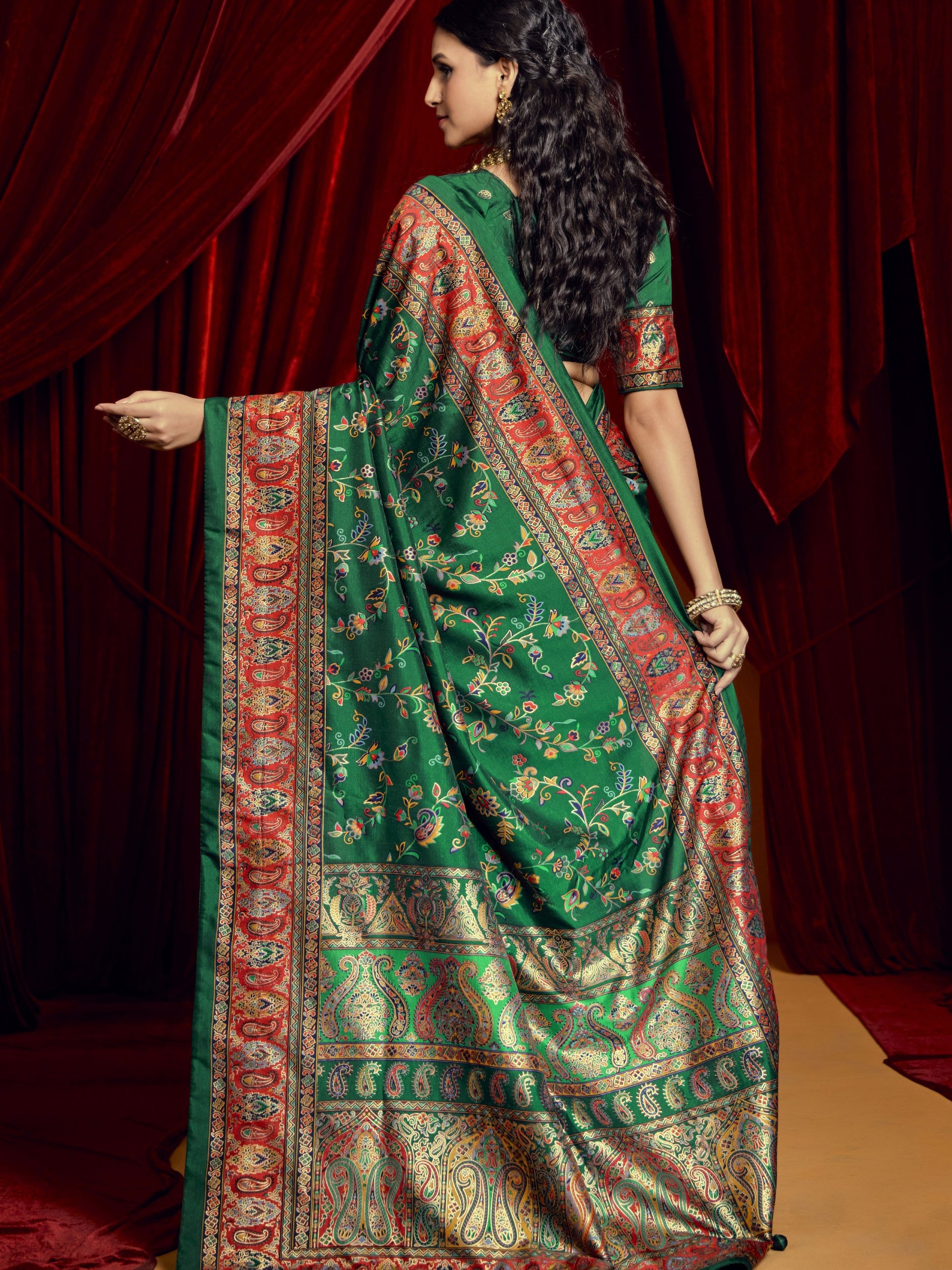Alluring Bottle Green Paisley Printed Tussar Silk Mehendi Wear Saree